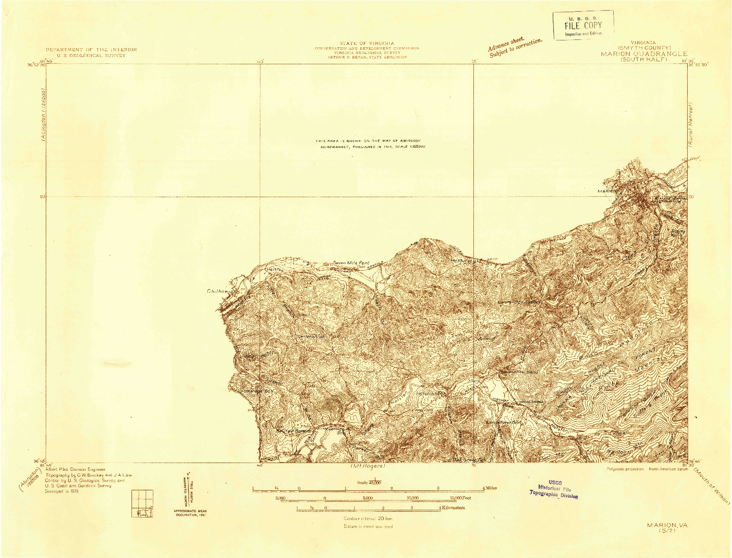 USGS 1:48000-SCALE QUADRANGLE FOR MARION, VA 1931