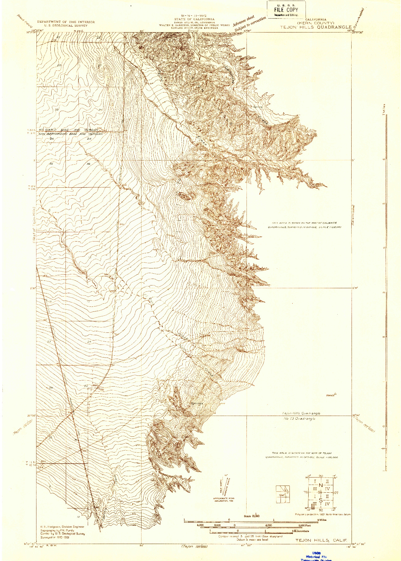 USGS 1:31680-SCALE QUADRANGLE FOR TEJON HILLS, CA 1931