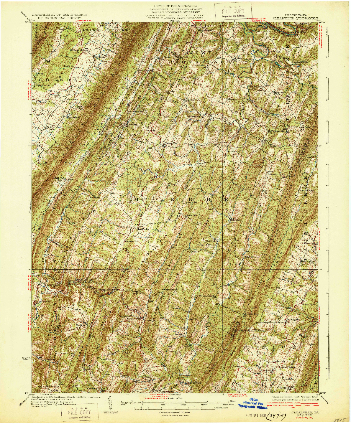 USGS 1:62500-SCALE QUADRANGLE FOR CLEARVILLE, PA 1931