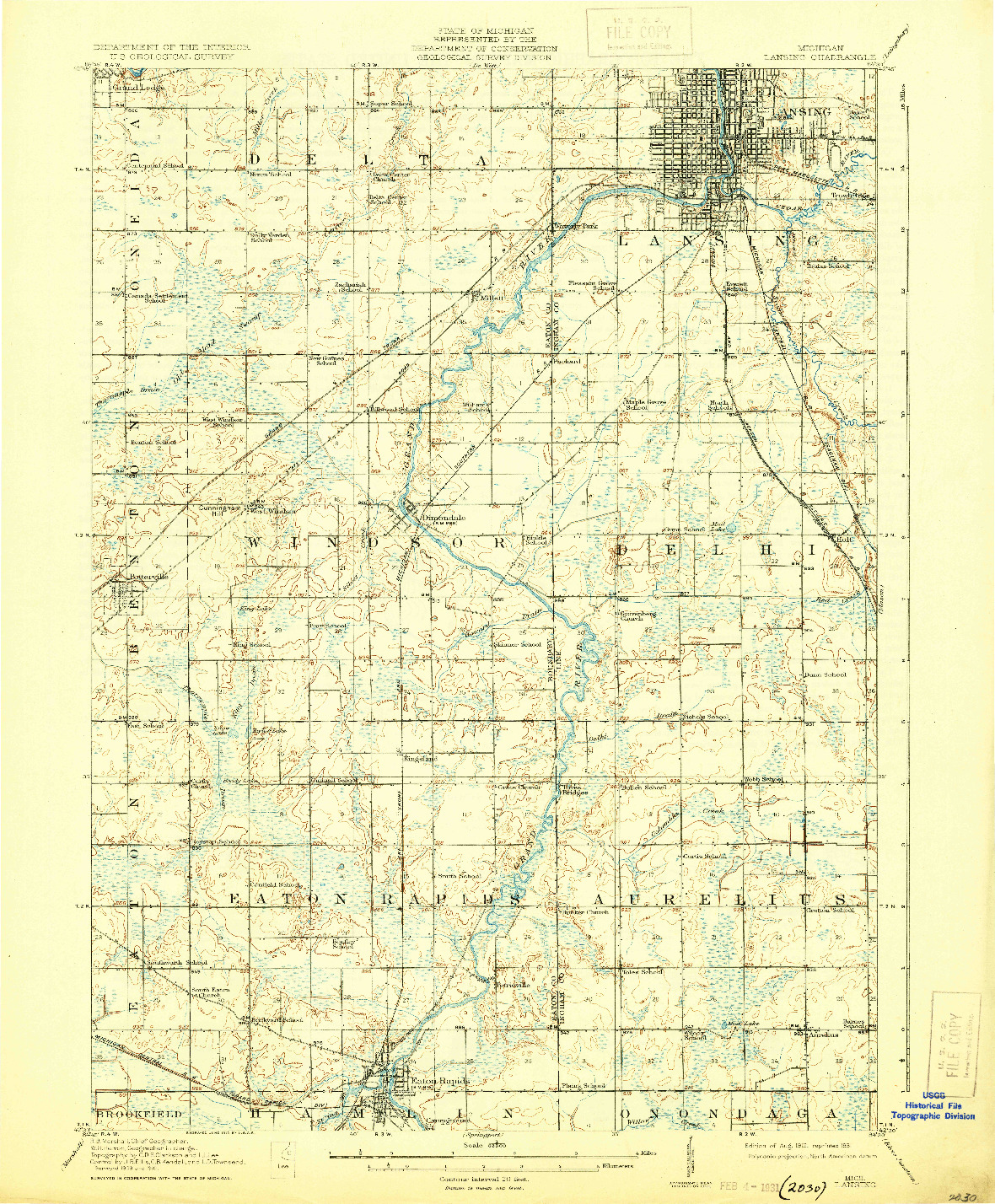 USGS 1:62500-SCALE QUADRANGLE FOR LANSING, MI 1912