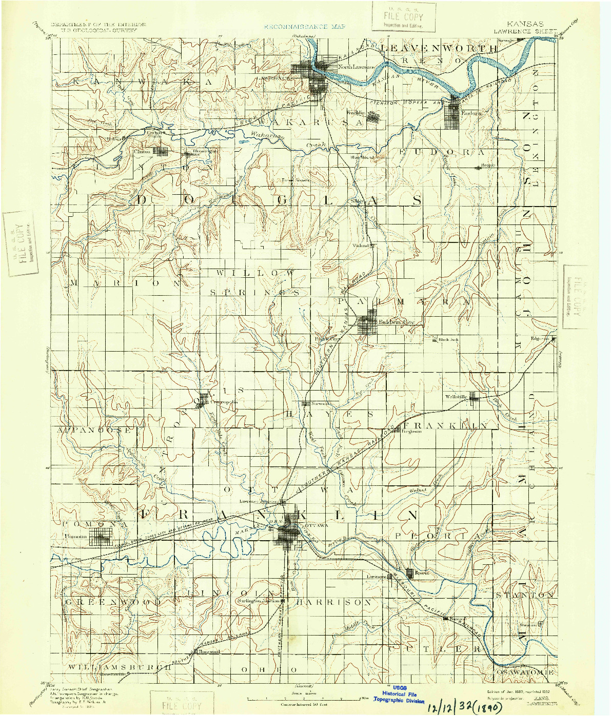 USGS 1:125000-SCALE QUADRANGLE FOR LAWRENCE, KS 1889