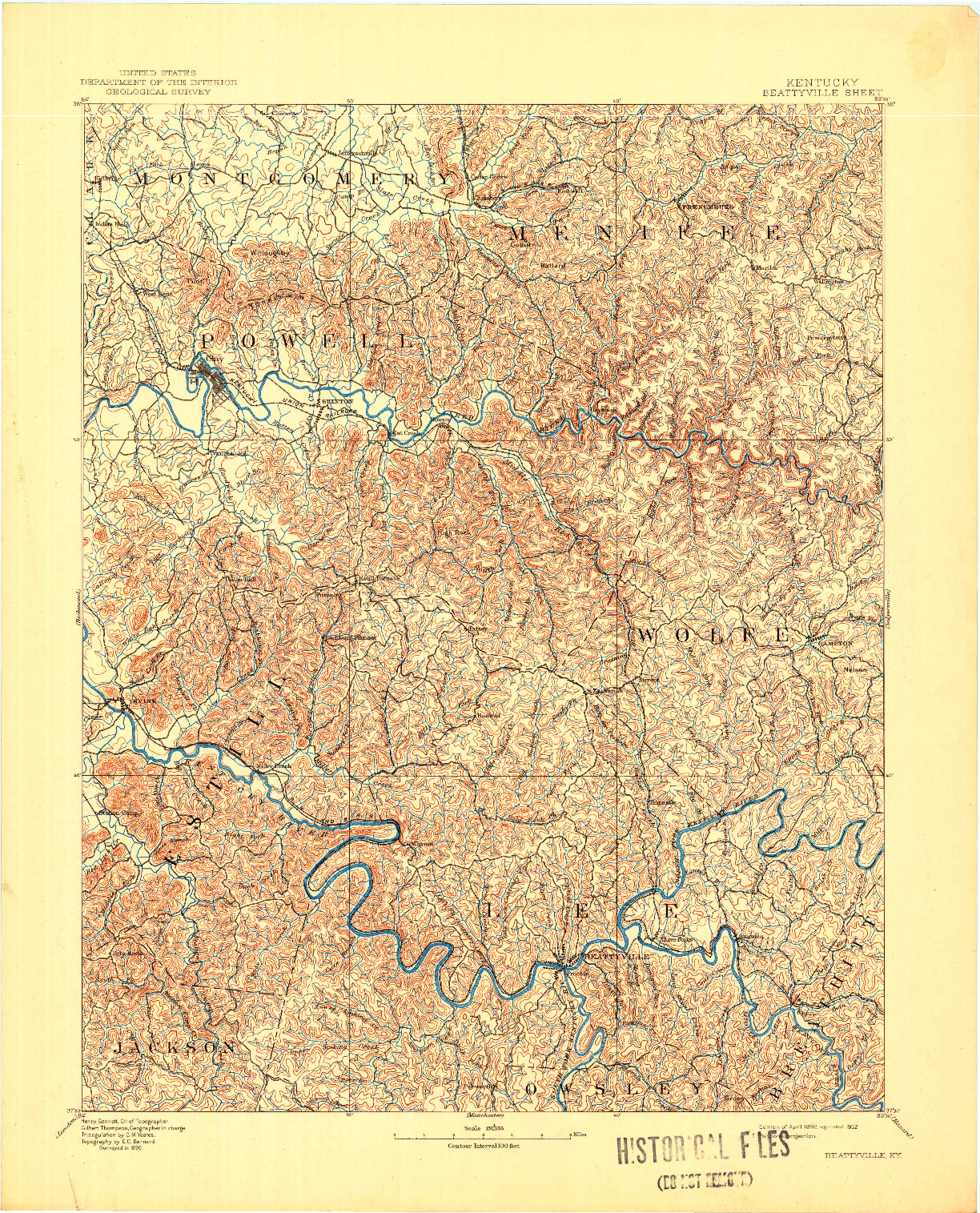 USGS 1:125000-SCALE QUADRANGLE FOR BEATTYVILLE, KY 1892