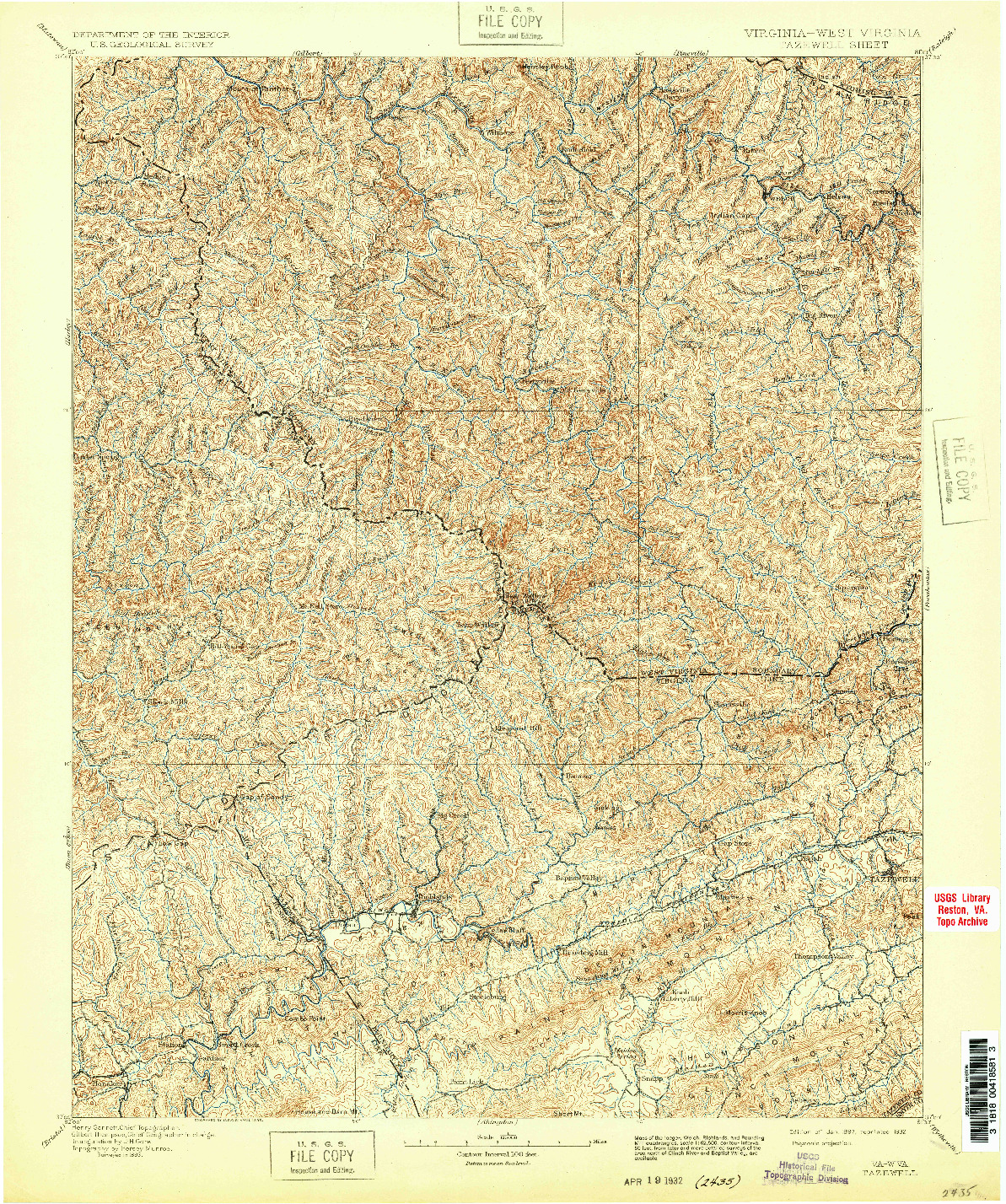 USGS 1:125000-SCALE QUADRANGLE FOR TAZEWELL, VA 1897