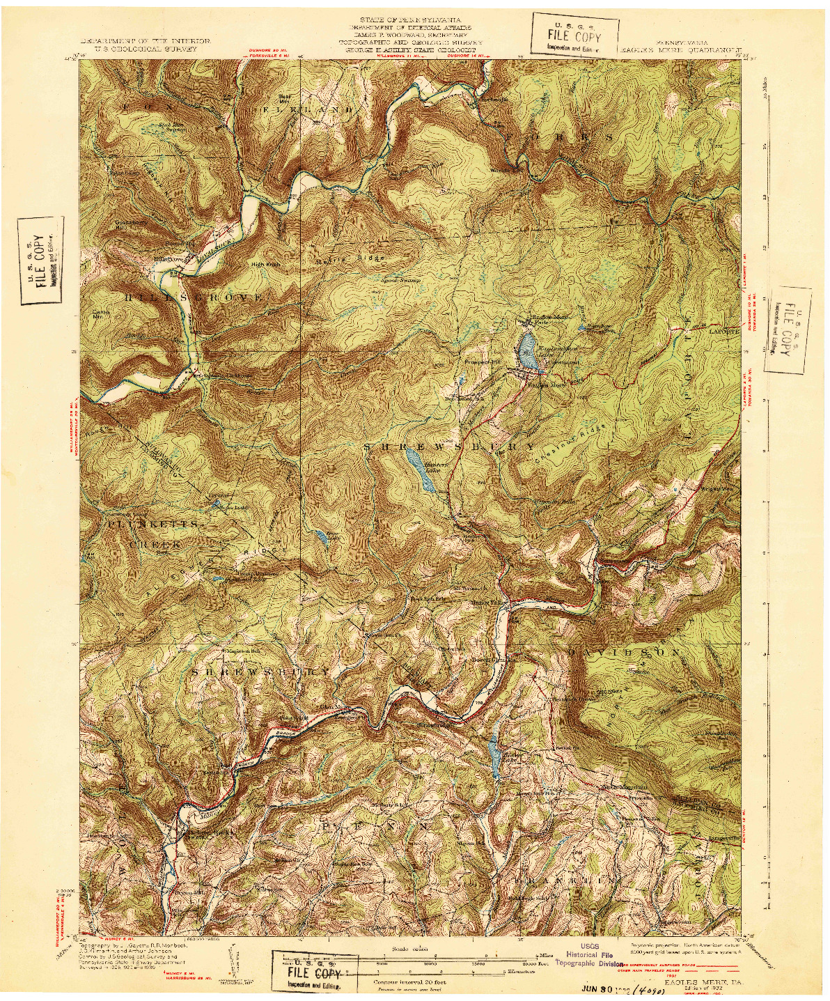 USGS 1:62500-SCALE QUADRANGLE FOR EAGLES MERE, PA 1932