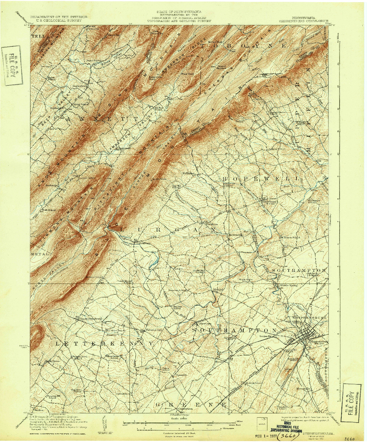 USGS 1:62500-SCALE QUADRANGLE FOR SHIPPENSBURG, PA 1923