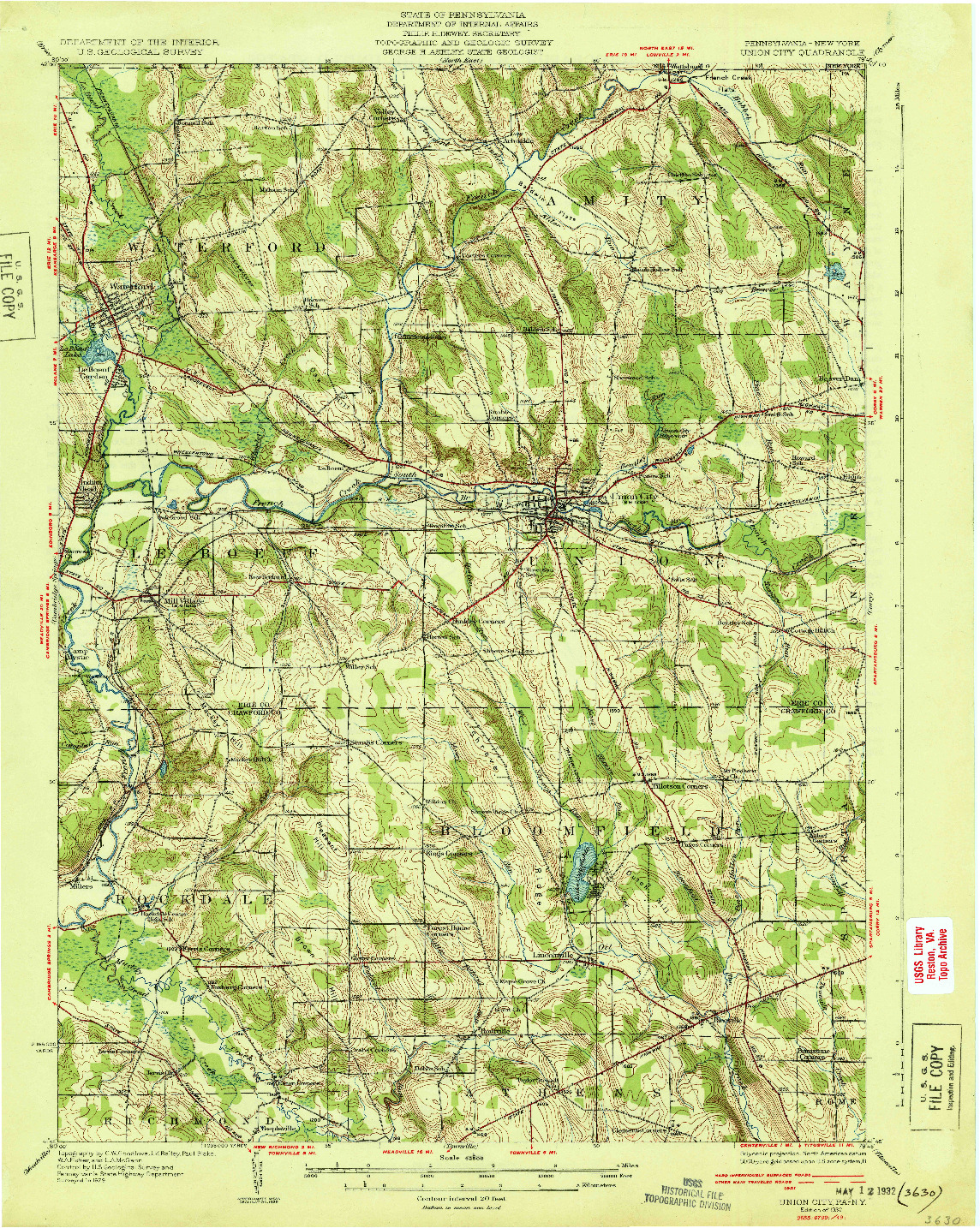 USGS 1:62500-SCALE QUADRANGLE FOR UNION CITY, PA 1932