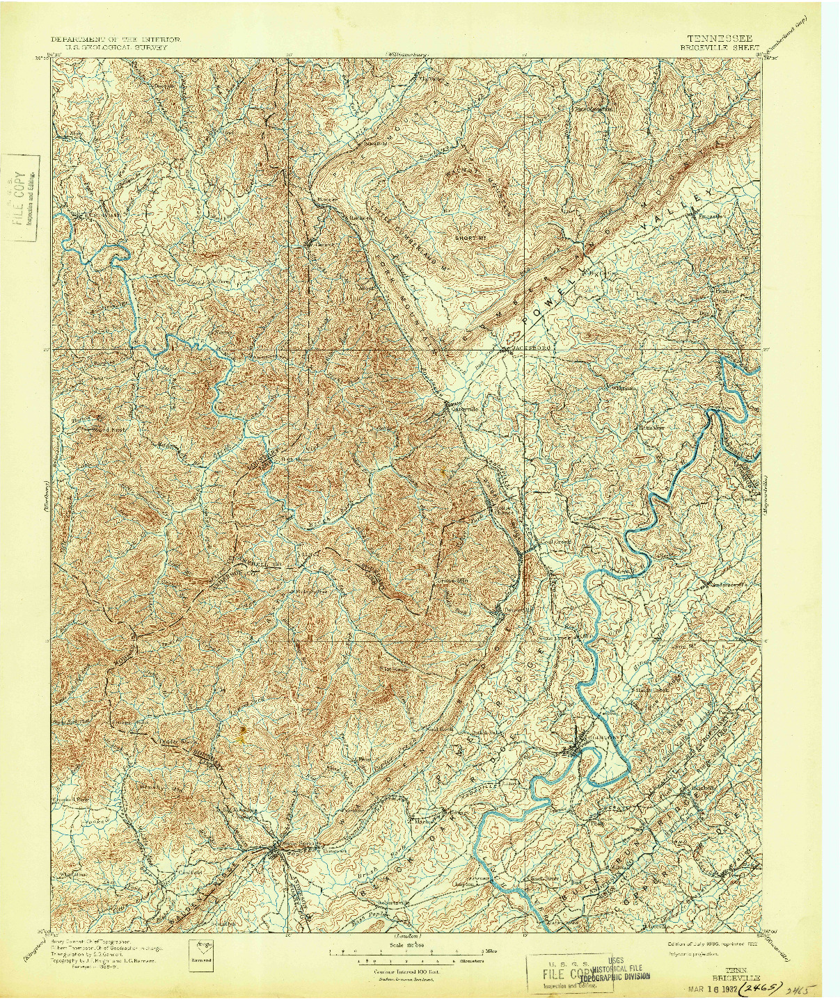 USGS 1:125000-SCALE QUADRANGLE FOR BRICEVILLE, TN 1896