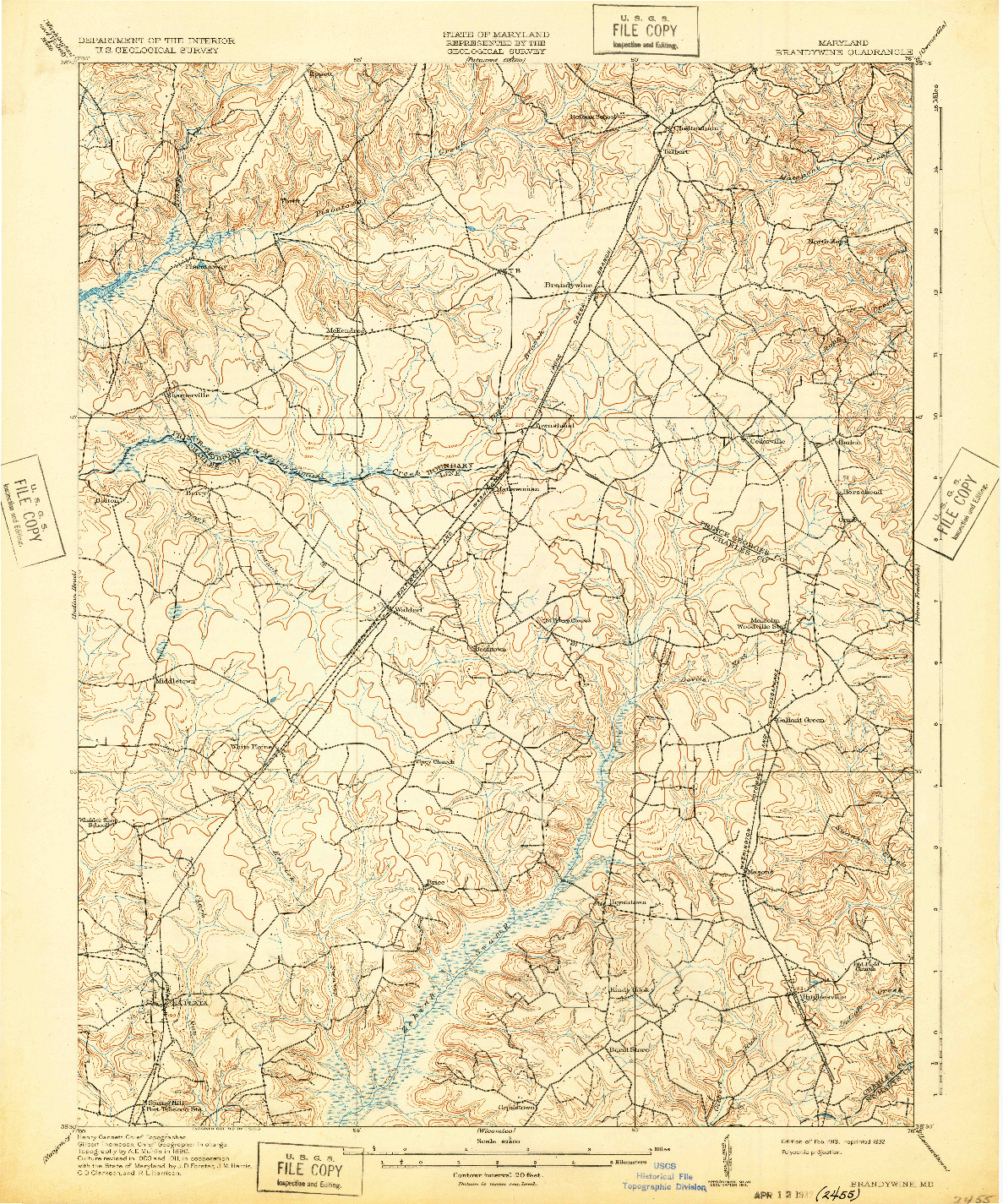 USGS 1:62500-SCALE QUADRANGLE FOR BRANDYWINE, MD 1913