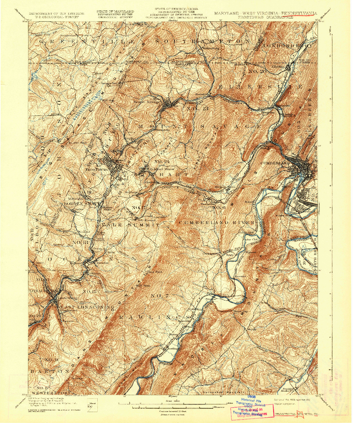 USGS 1:62500-SCALE QUADRANGLE FOR FROSTBURG, MD 1908