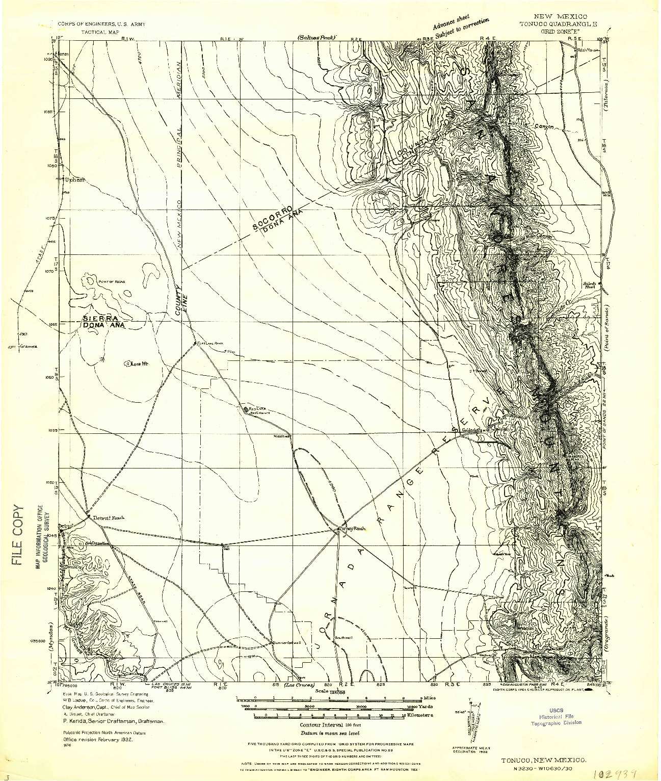 USGS 1:125000-SCALE QUADRANGLE FOR TONUCO, NM 1932