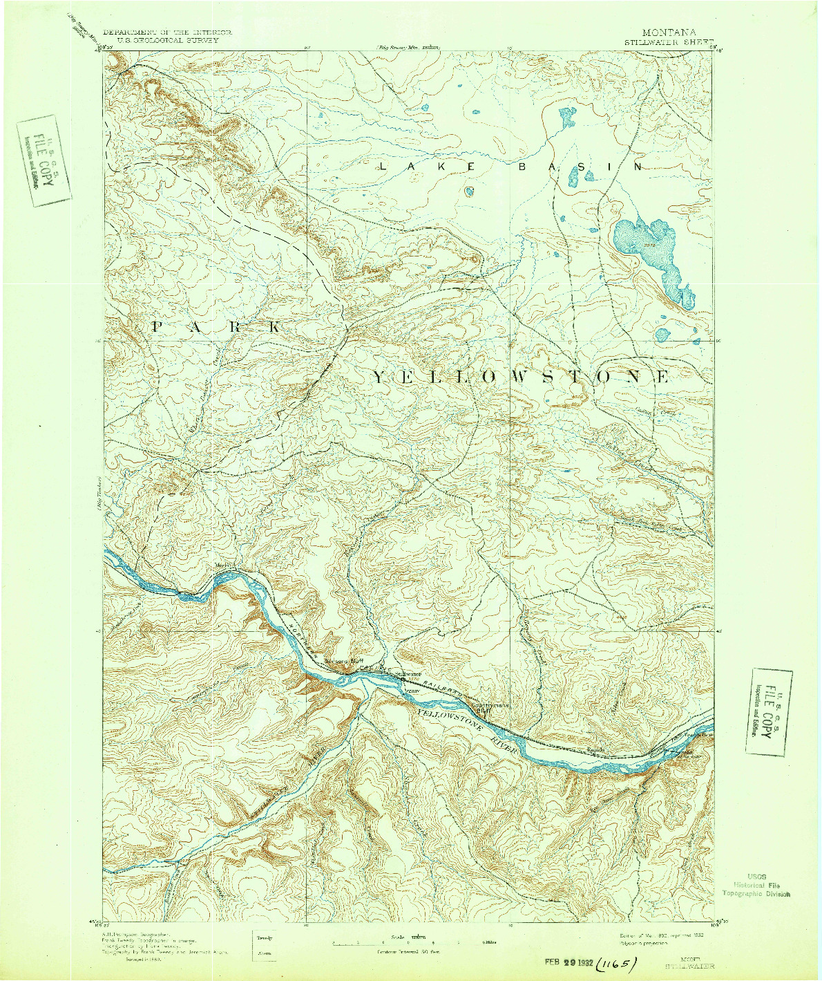 USGS 1:125000-SCALE QUADRANGLE FOR STILLWATER, MT 1892