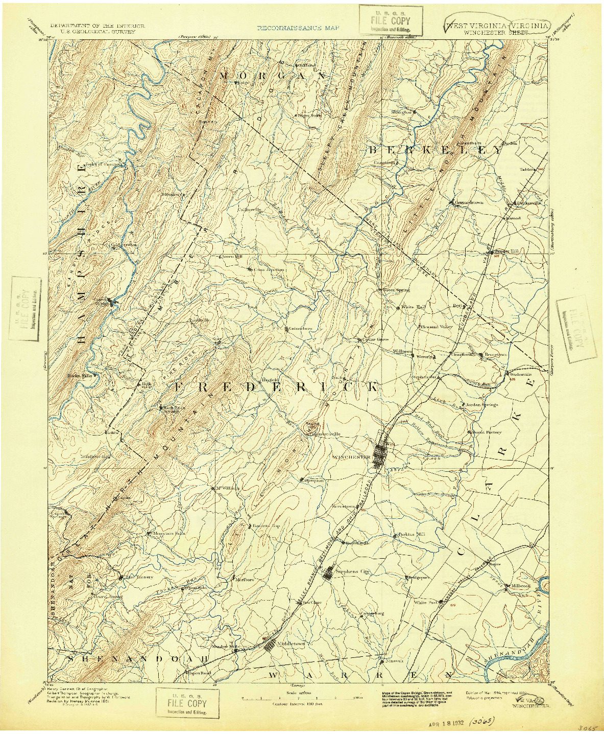 USGS 1:125000-SCALE QUADRANGLE FOR WINCHESTER, WV 1894