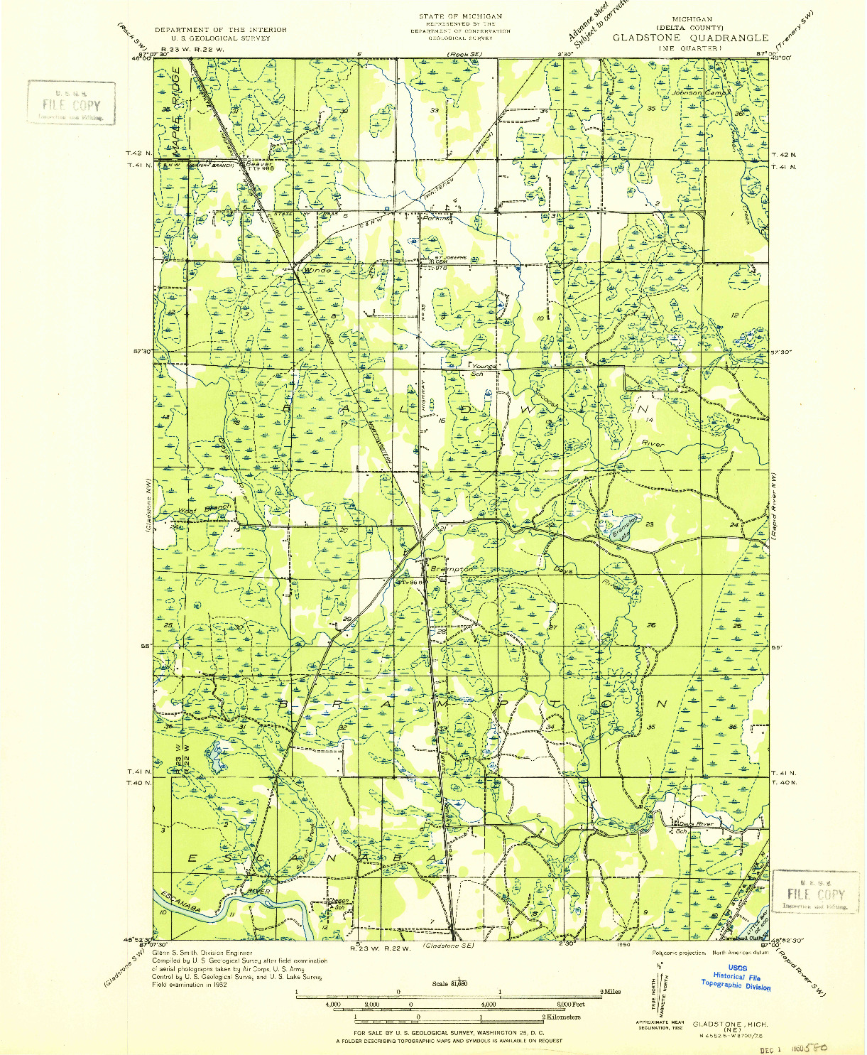 USGS 1:31680-SCALE QUADRANGLE FOR GLADSTONE NE, MI 1932