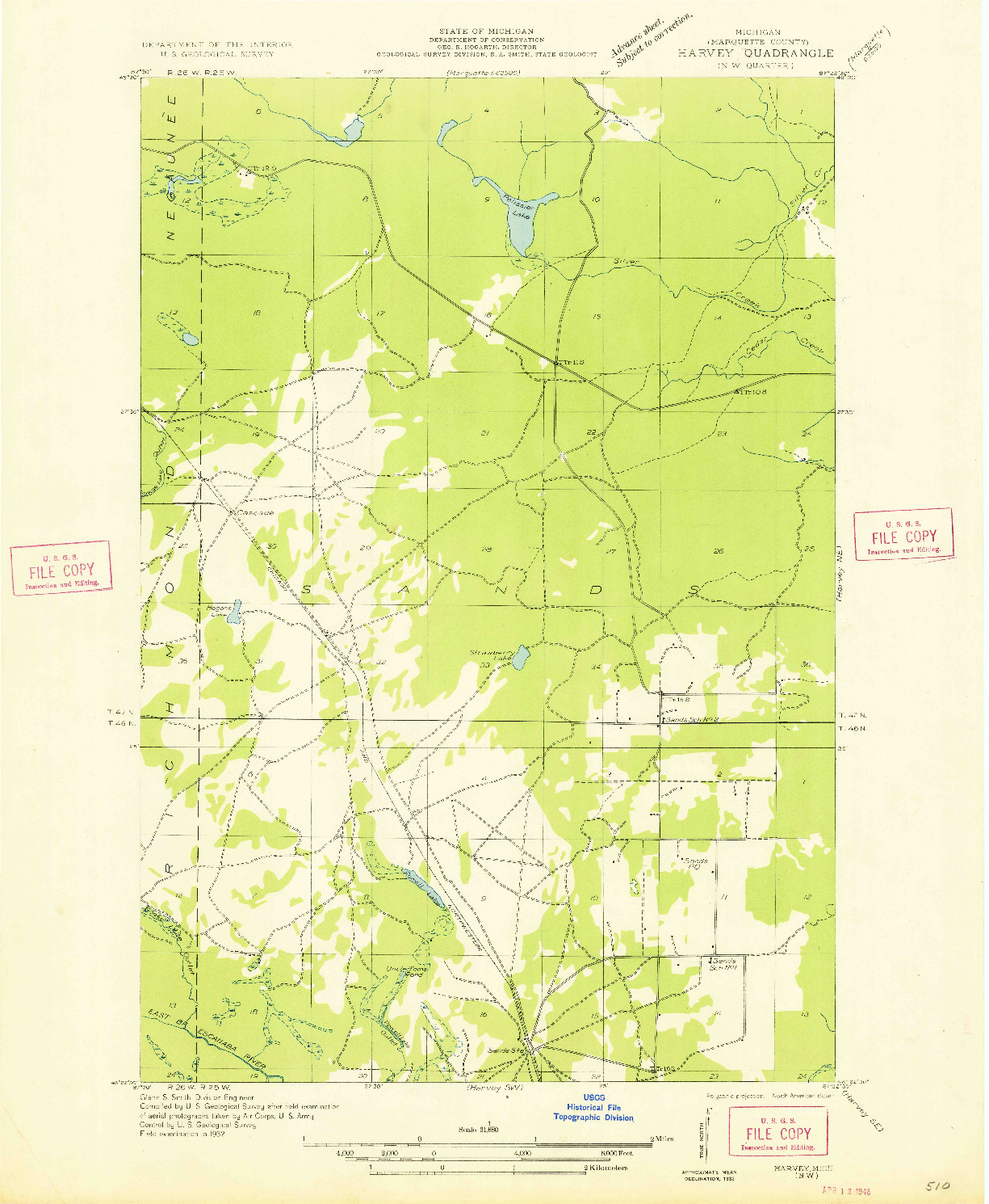 USGS 1:31680-SCALE QUADRANGLE FOR HARVEY NW, MI 1932