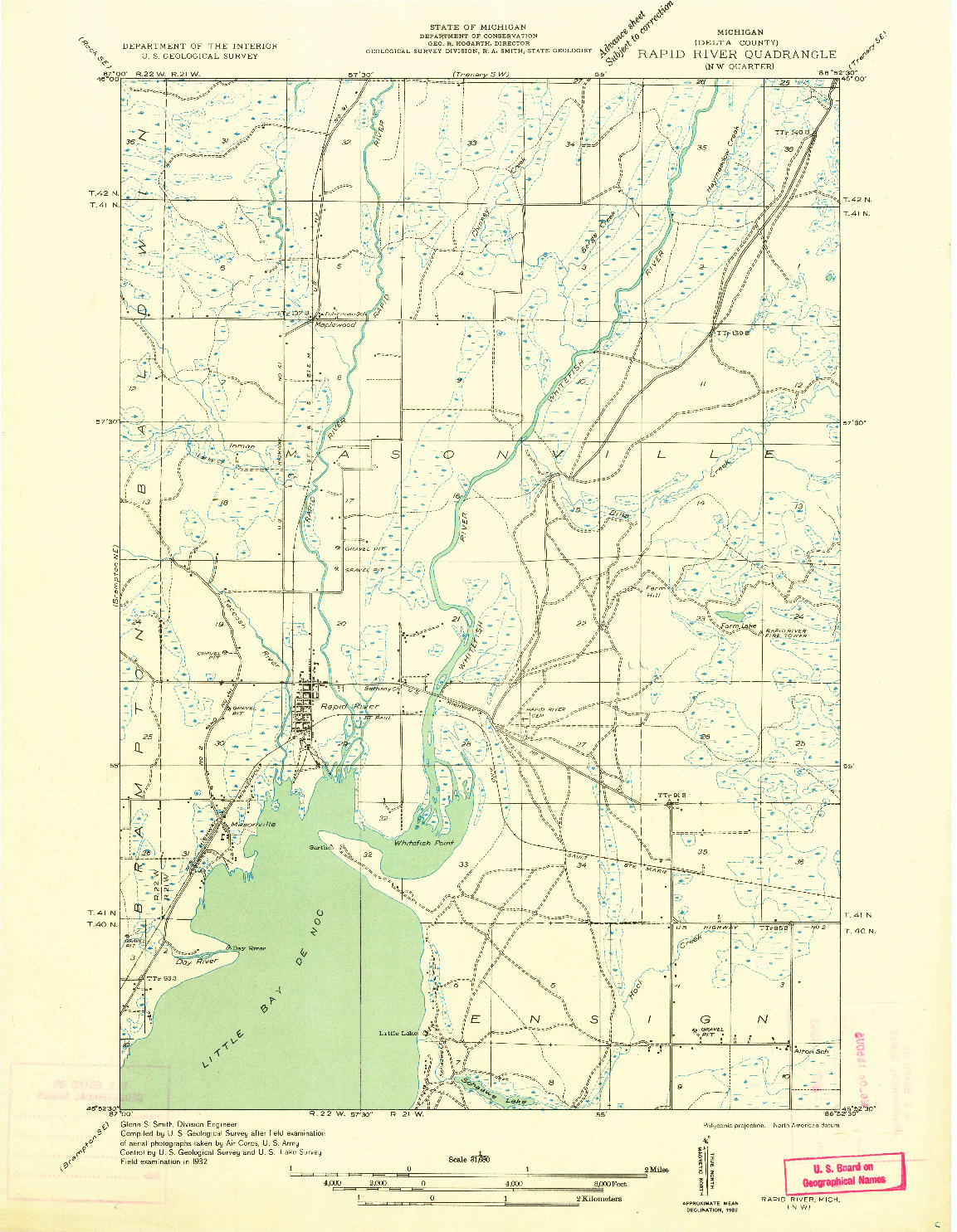 USGS 1:31680-SCALE QUADRANGLE FOR RAPID RIVER NW, MI 1932