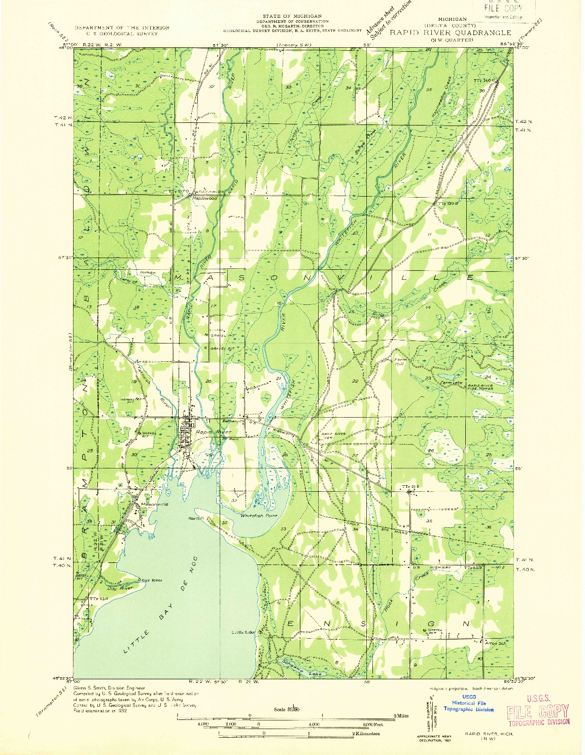 USGS 1:31680-SCALE QUADRANGLE FOR RAPID RIVER NW, MI 1932