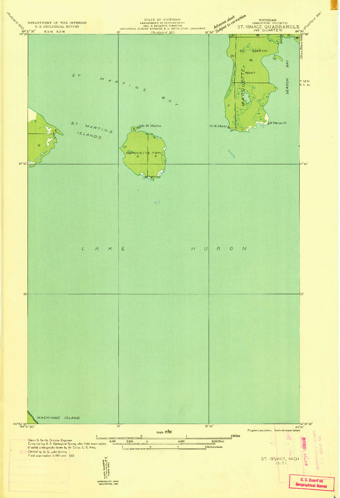 USGS 1:31680-SCALE QUADRANGLE FOR ST IGNACE NE, MI 1932