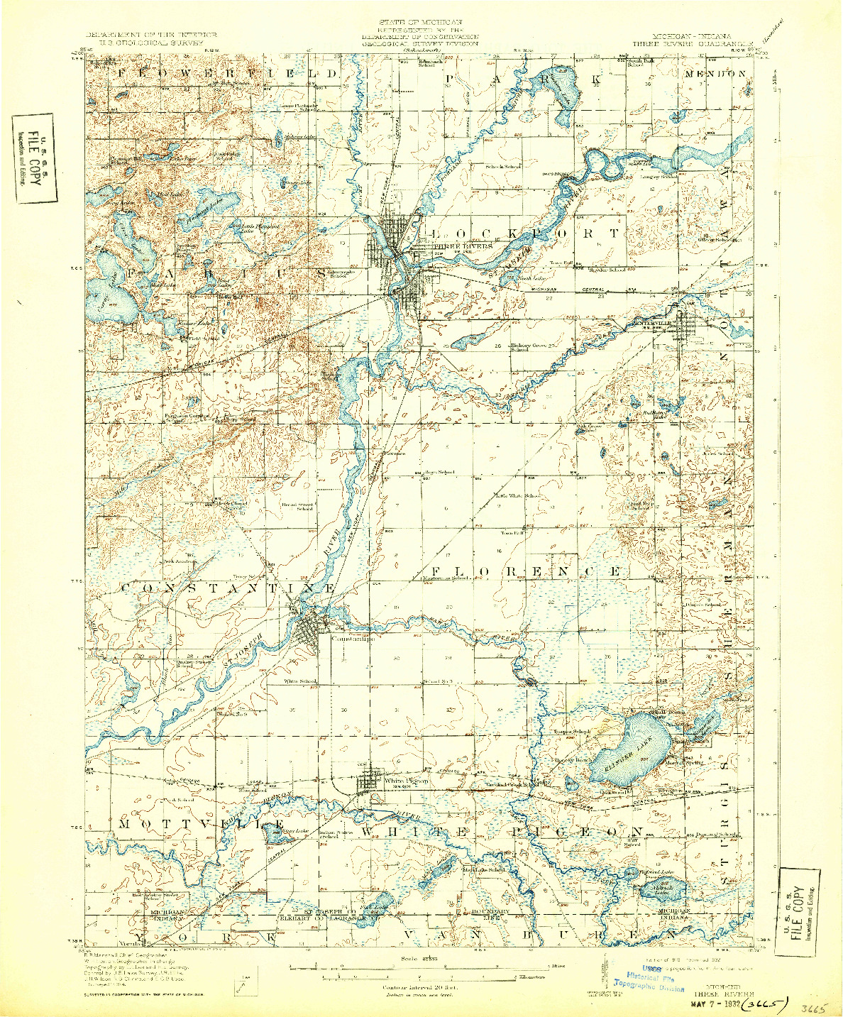 USGS 1:62500-SCALE QUADRANGLE FOR THREE RIVERS, MI 1916
