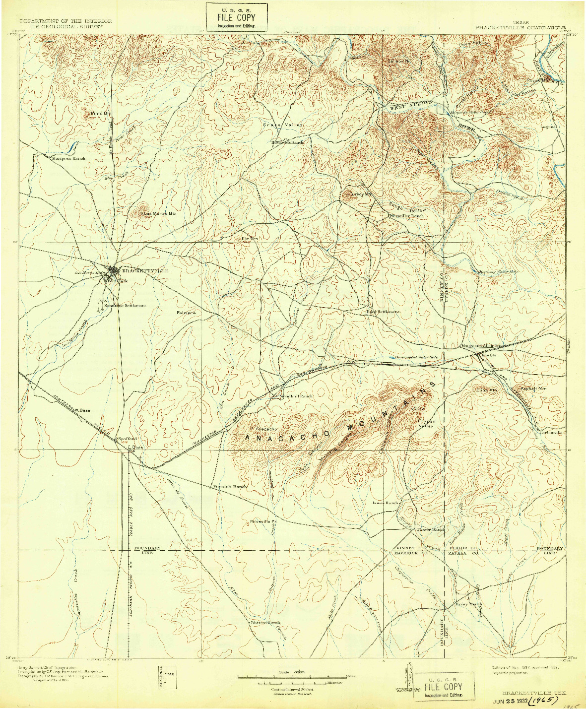 USGS 1:125000-SCALE QUADRANGLE FOR BRACKETTVILLE, TX 1897