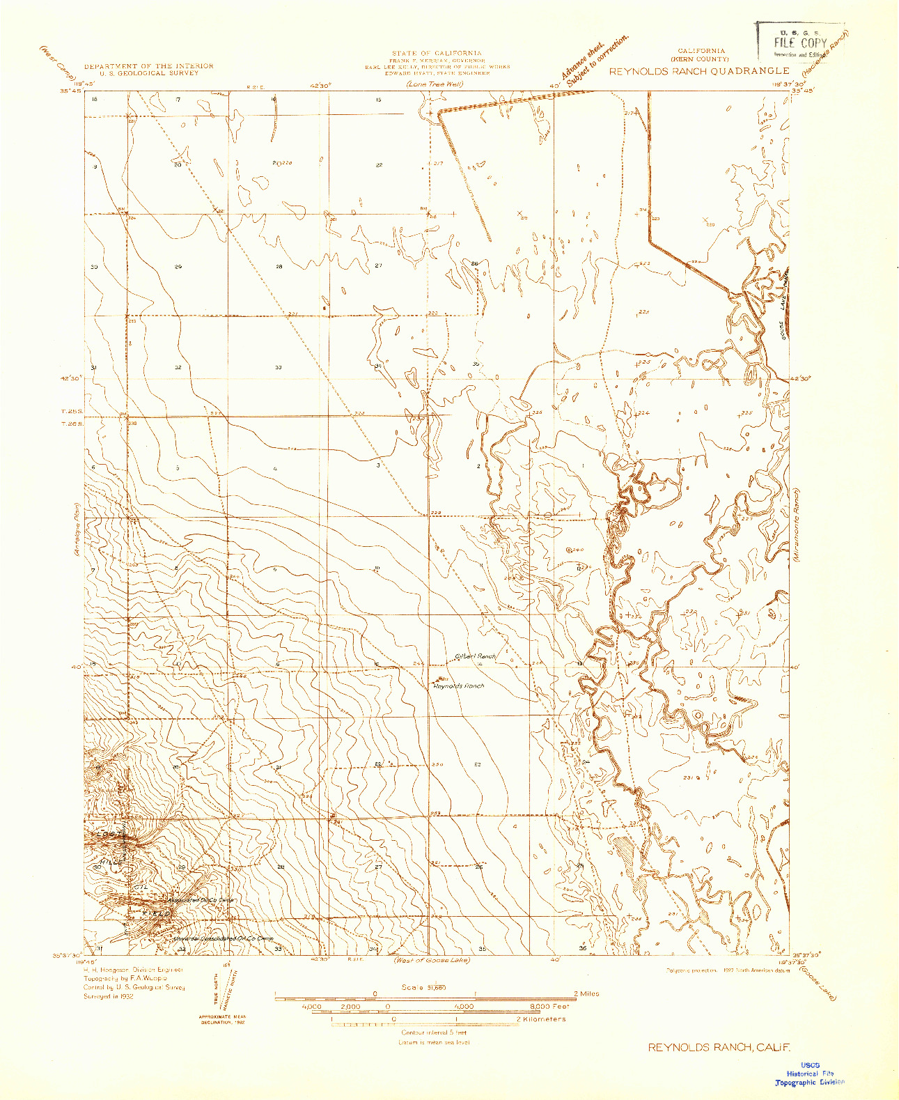 USGS 1:31680-SCALE QUADRANGLE FOR REYNOLDS RANCH, CA 1932