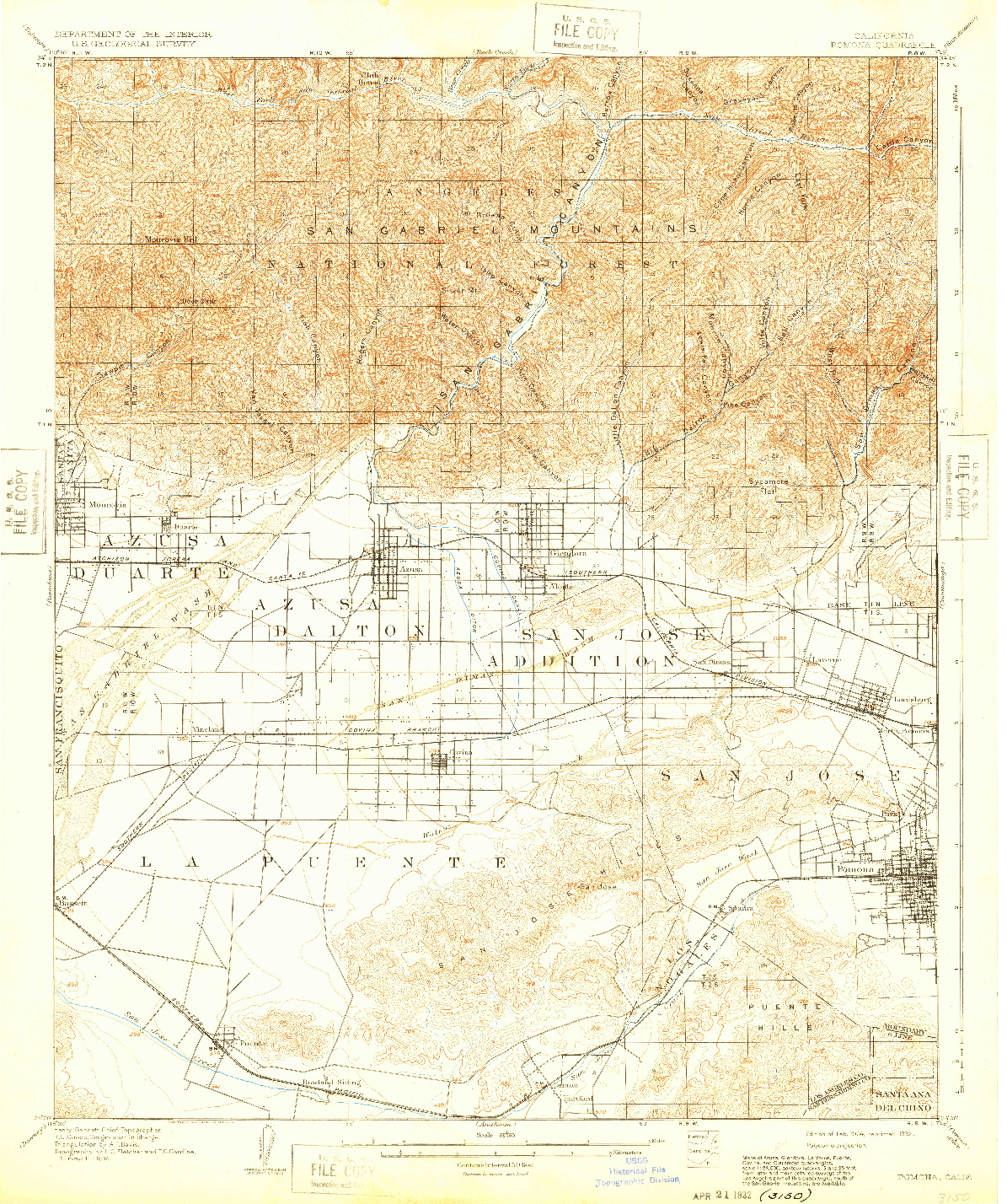 USGS 1:62500-SCALE QUADRANGLE FOR POMONA, CA 1904