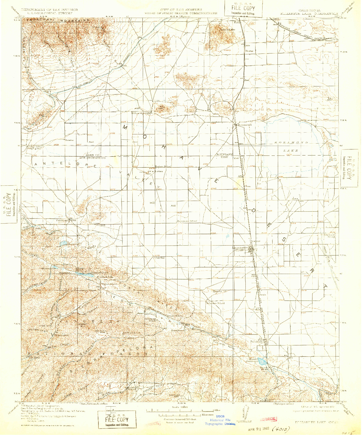 USGS 1:125000-SCALE QUADRANGLE FOR ELIZABETH LAKE, CA 1917