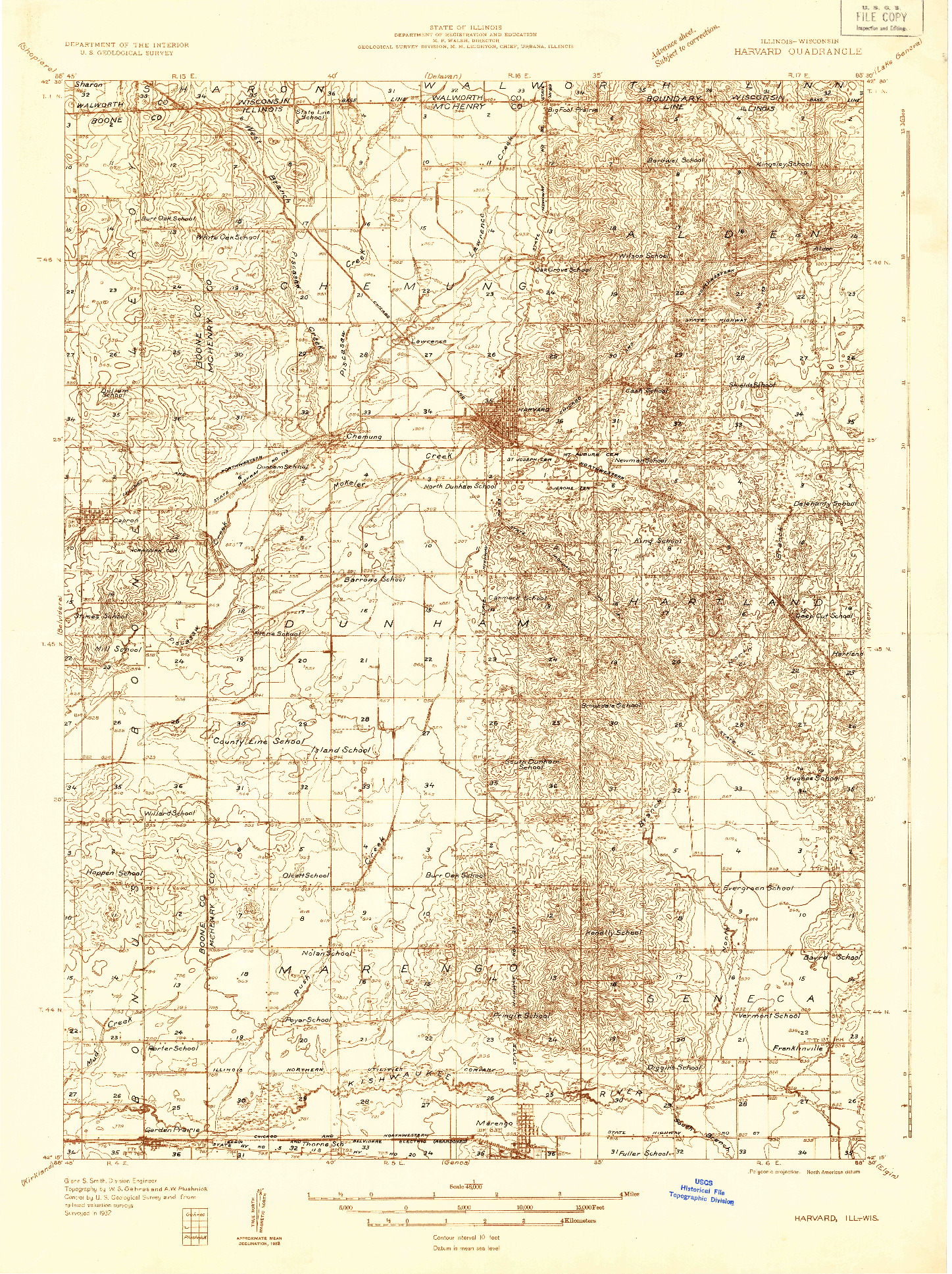 USGS 1:48000-SCALE QUADRANGLE FOR HARVARD, IL 1932