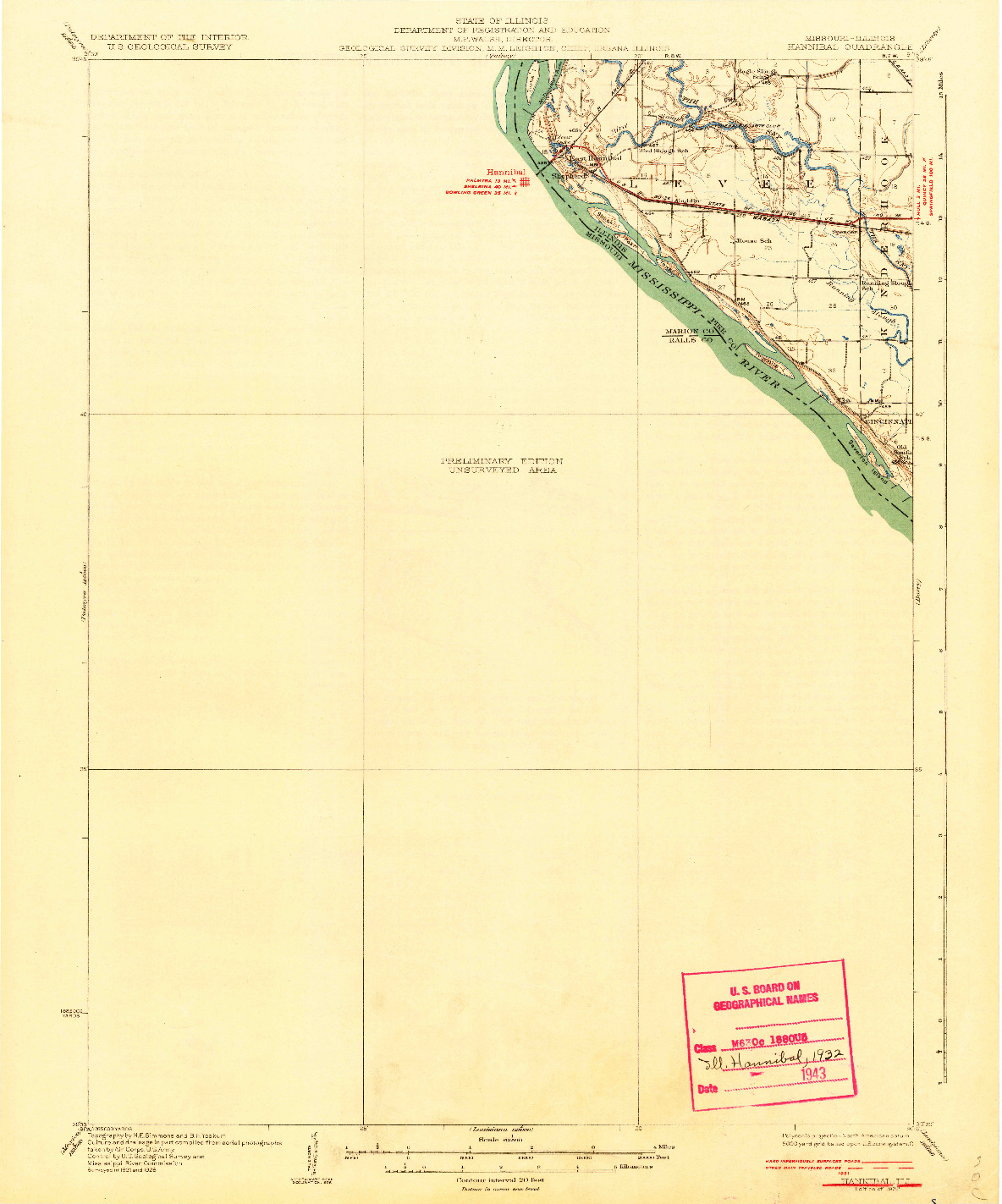 USGS 1:62500-SCALE QUADRANGLE FOR HANNIBAL, IL 1932