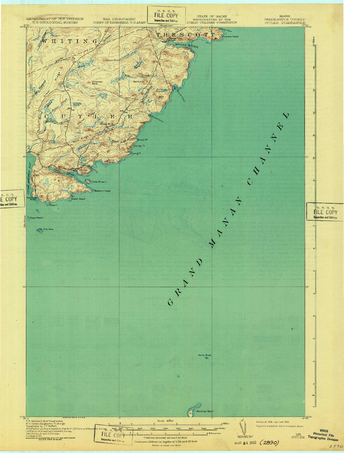 USGS 1:62500-SCALE QUADRANGLE FOR CUTLER, ME 1918