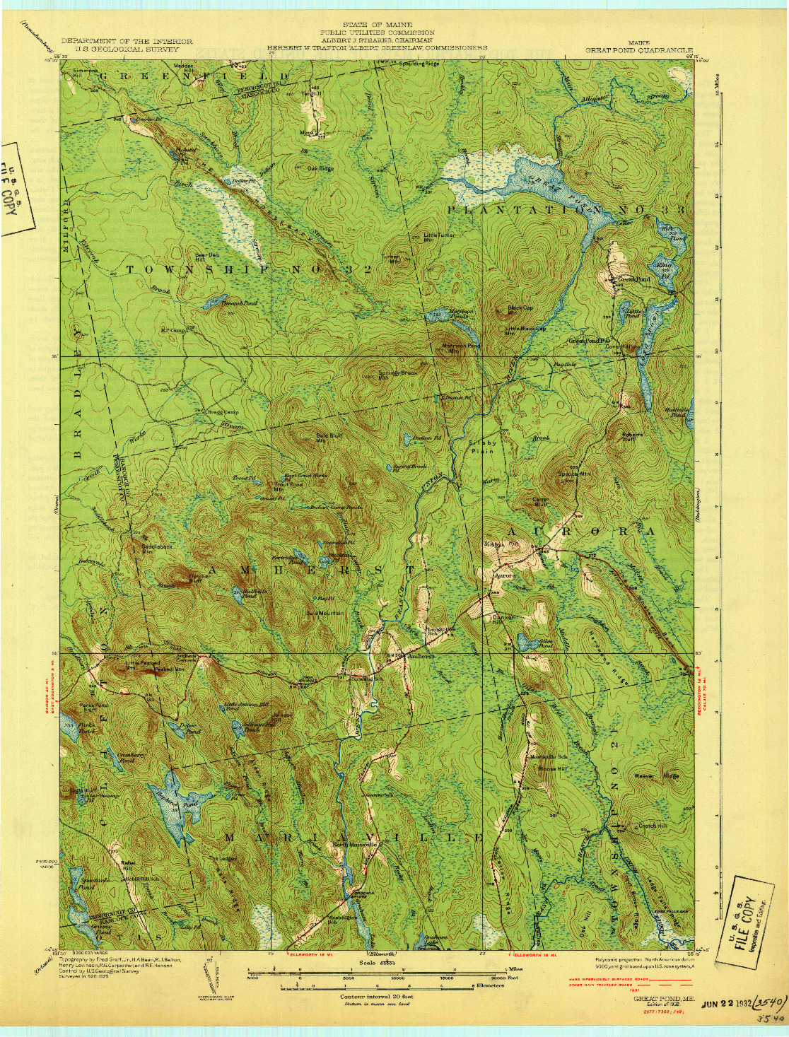 USGS 1:62500-SCALE QUADRANGLE FOR GREAT POND, ME 1932