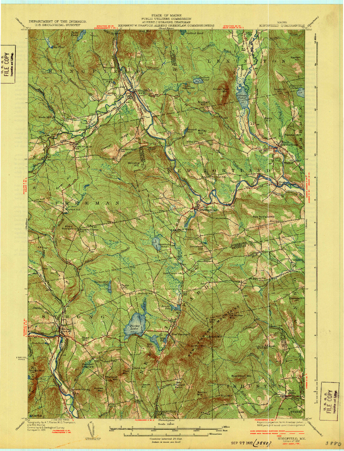 USGS 1:62500-SCALE QUADRANGLE FOR KINGFIELD, ME 1932