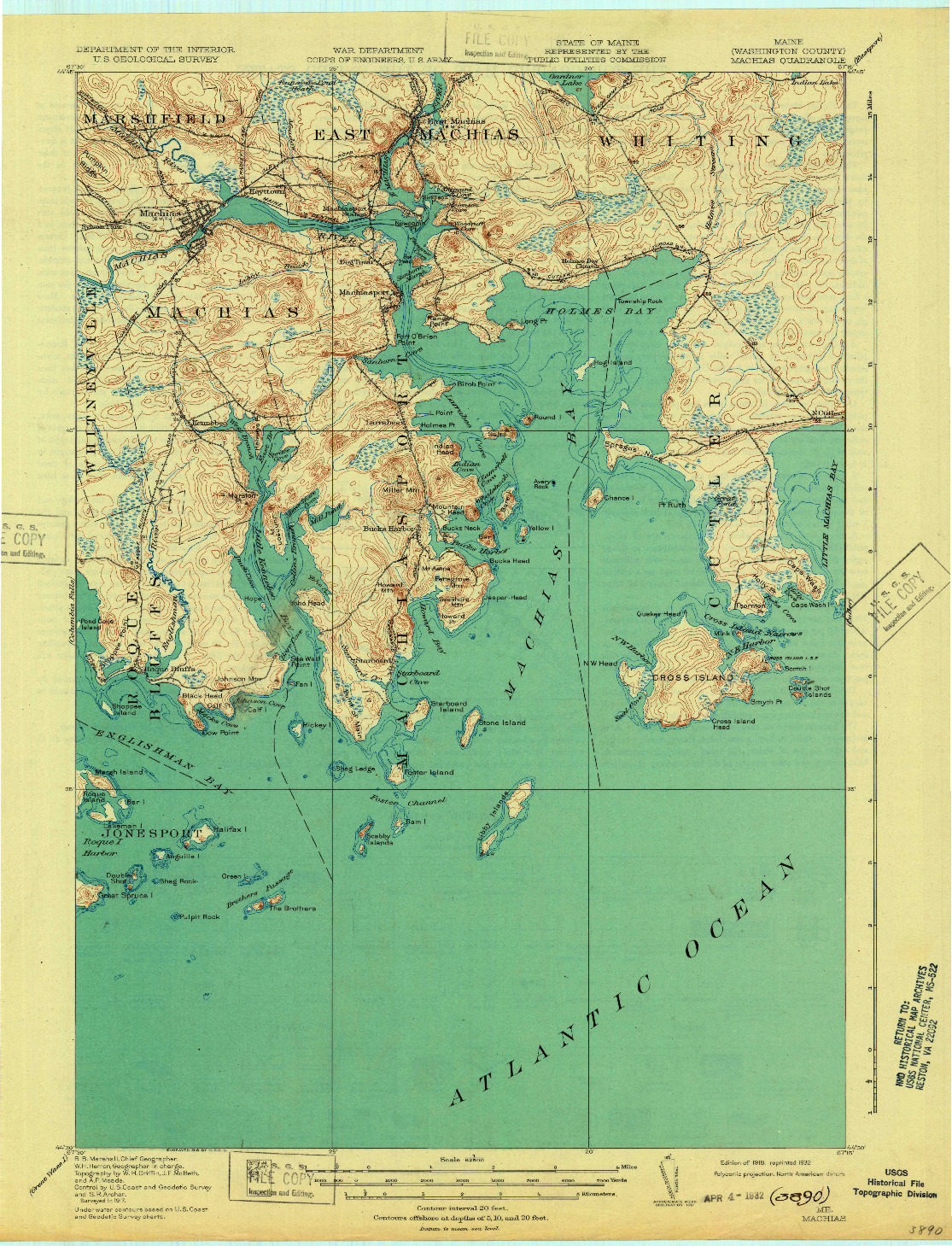 USGS 1:62500-SCALE QUADRANGLE FOR MACHIAS, ME 1918