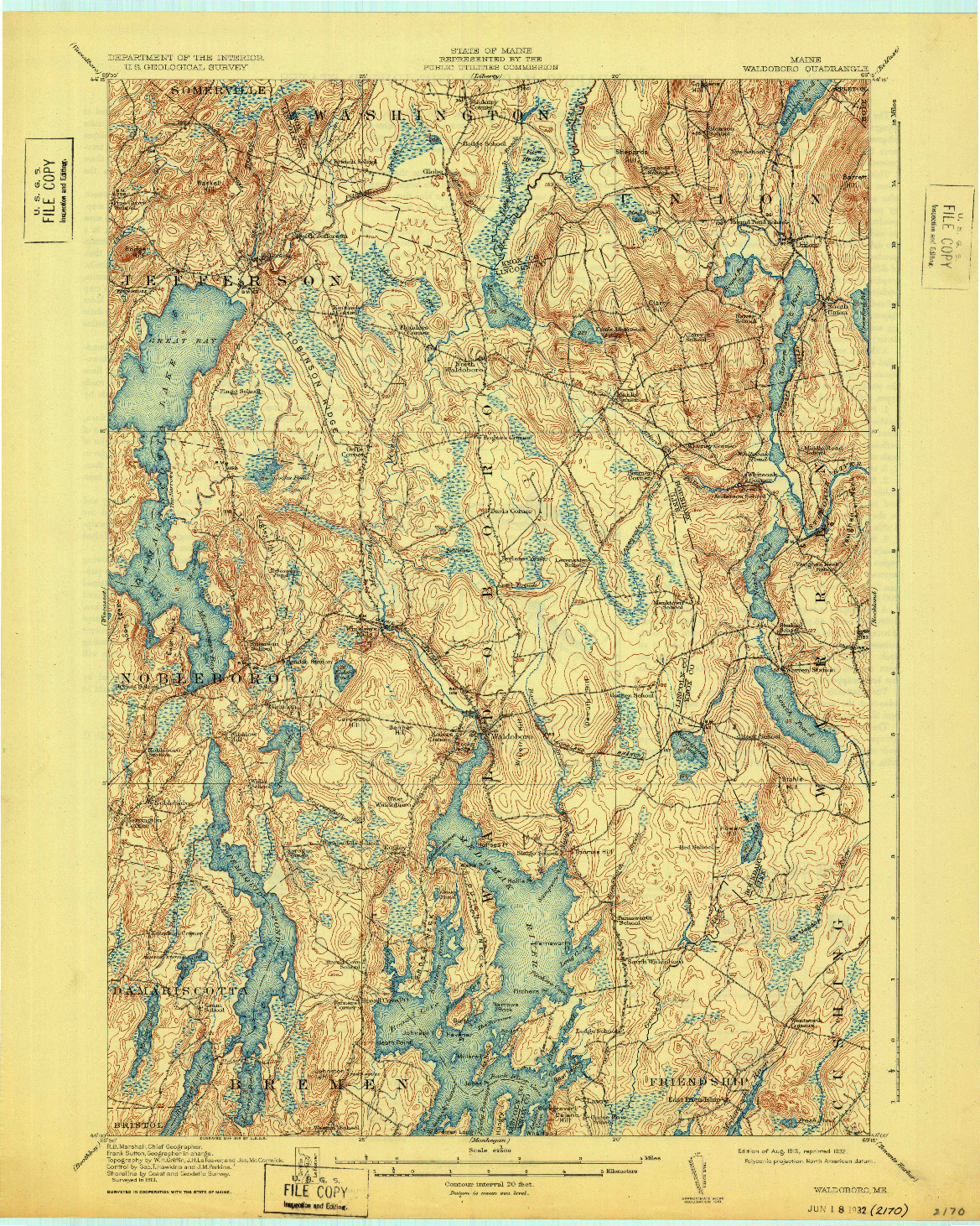 USGS 1:62500-SCALE QUADRANGLE FOR WALDOBORO, ME 1915