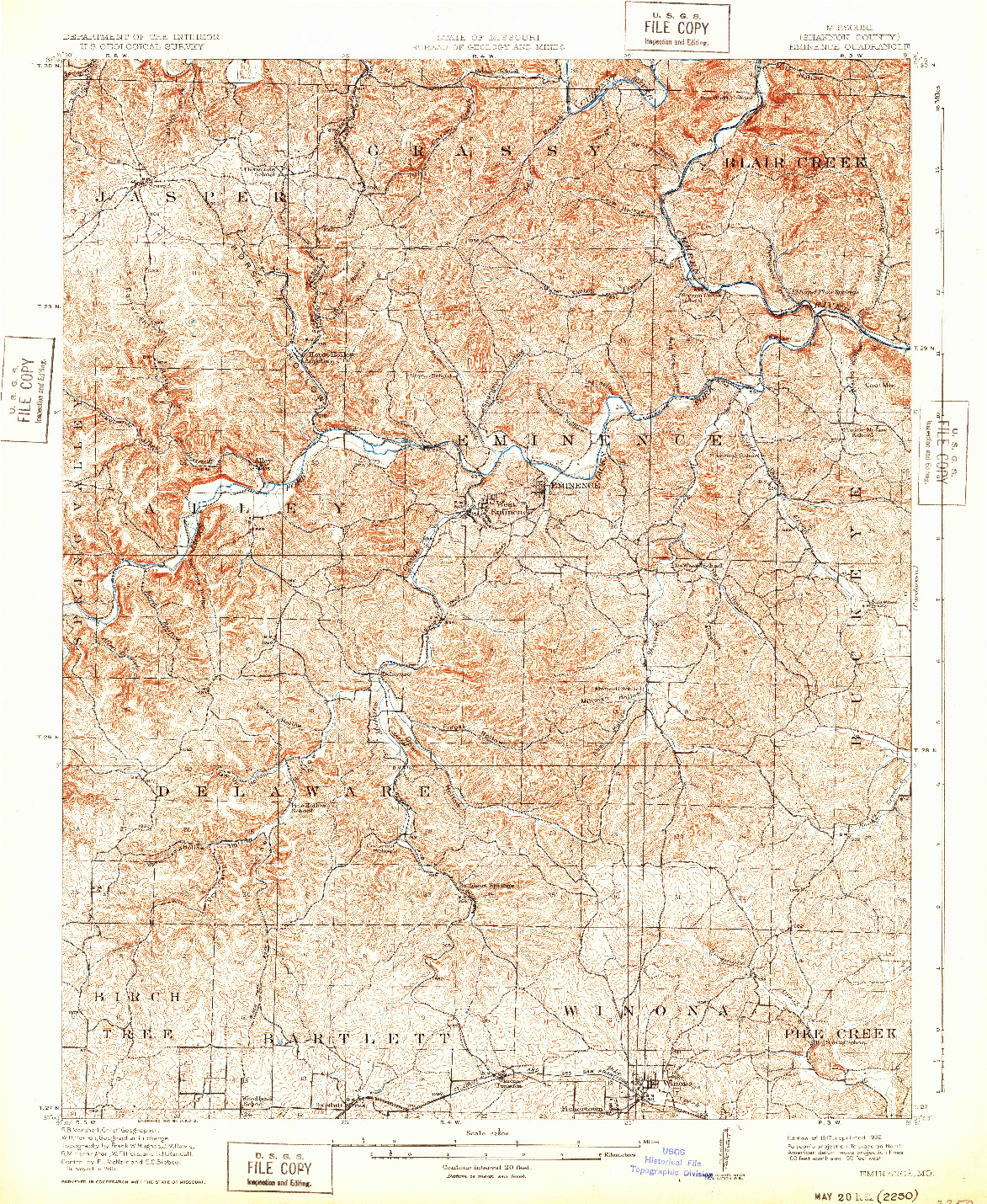 USGS 1:62500-SCALE QUADRANGLE FOR EMINENCE, MO 1917