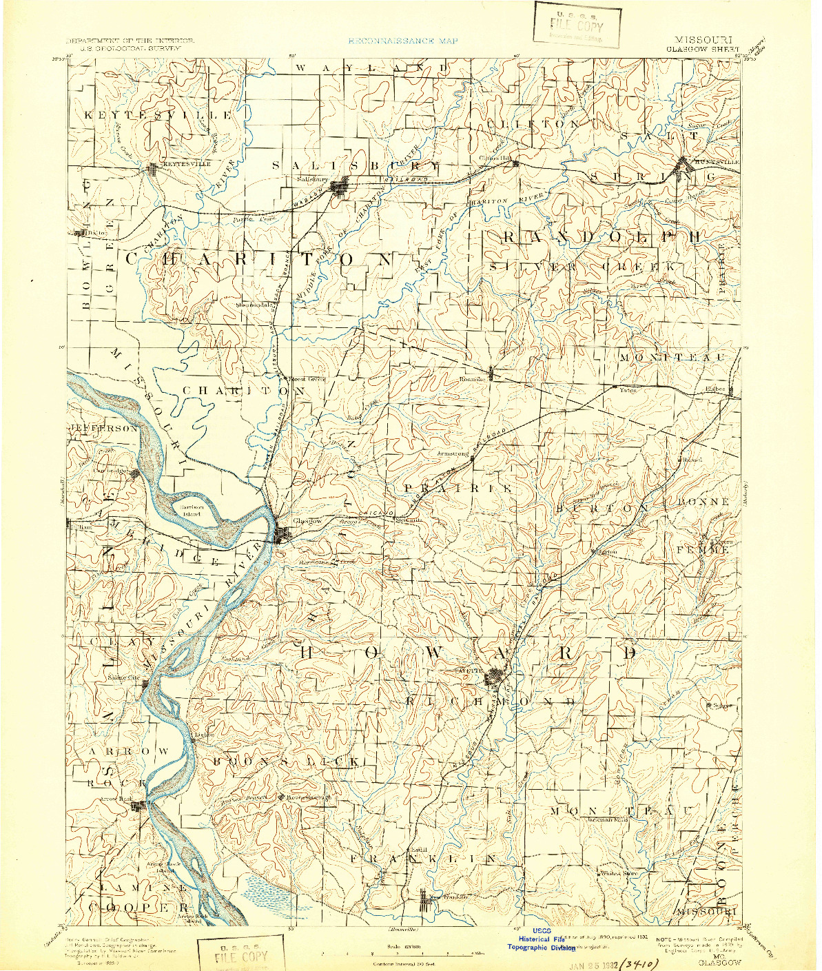 USGS 1:125000-SCALE QUADRANGLE FOR GLASGOW, MO 1890