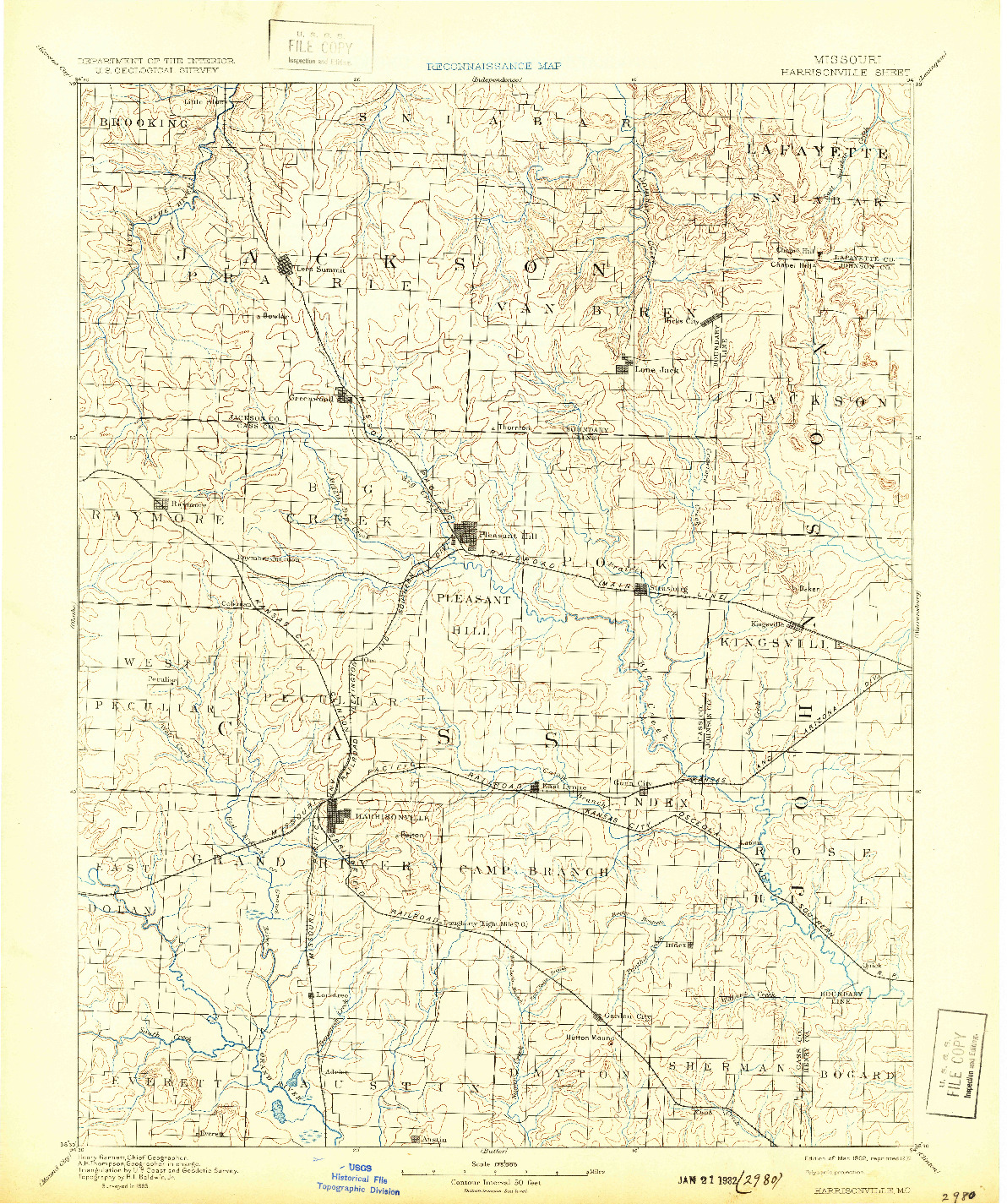 USGS 1:125000-SCALE QUADRANGLE FOR HARRISONVILLE, MO 1892