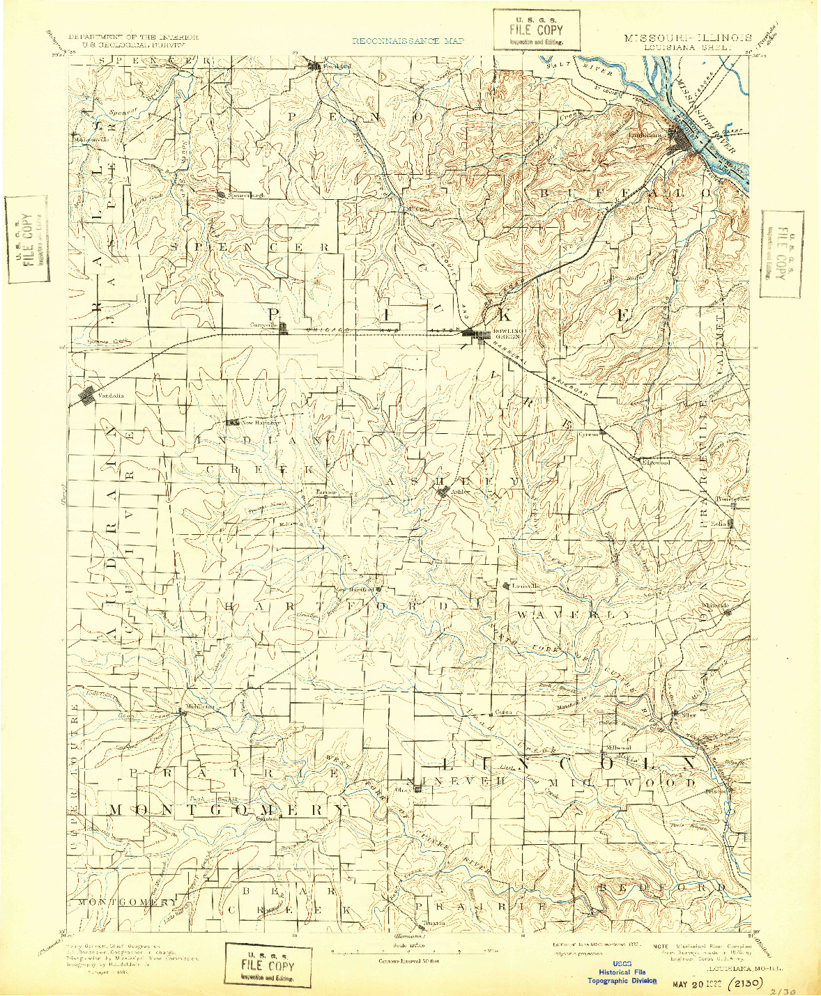 USGS 1:125000-SCALE QUADRANGLE FOR LOUISIANA, MO 1890