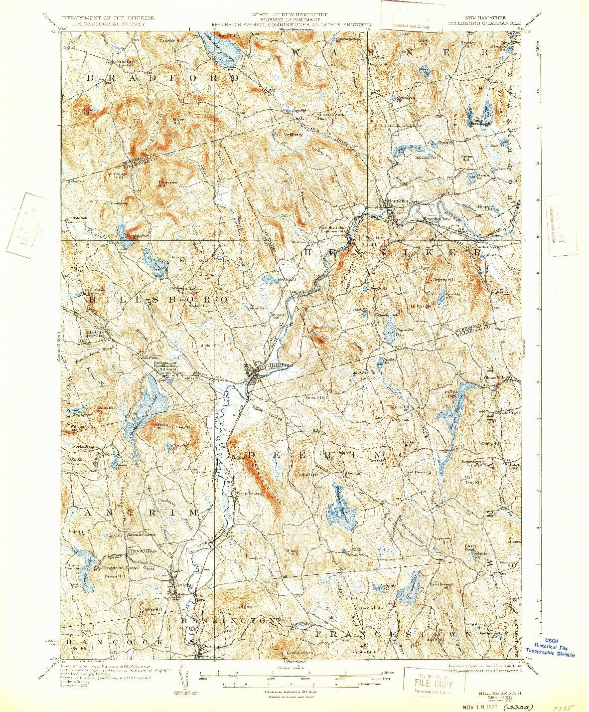 USGS 1:62500-SCALE QUADRANGLE FOR HILLSBORO, NH 1929