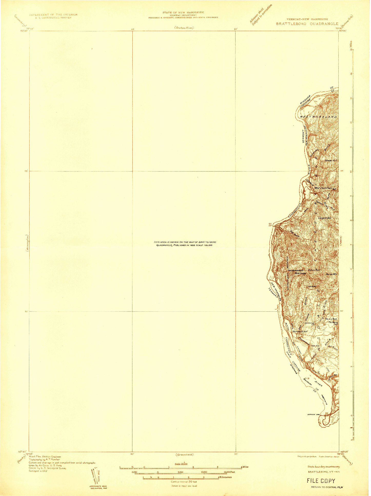 USGS 1:48000-SCALE QUADRANGLE FOR BRATTLEBORO, VT 1932