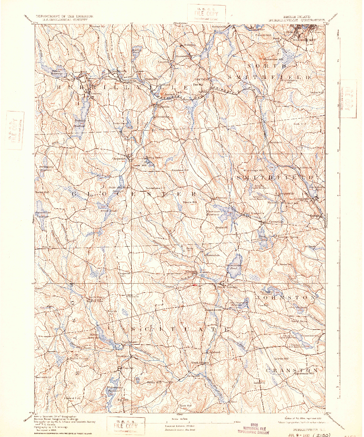 USGS 1:62500-SCALE QUADRANGLE FOR BURRILLVILLE, RI 1894