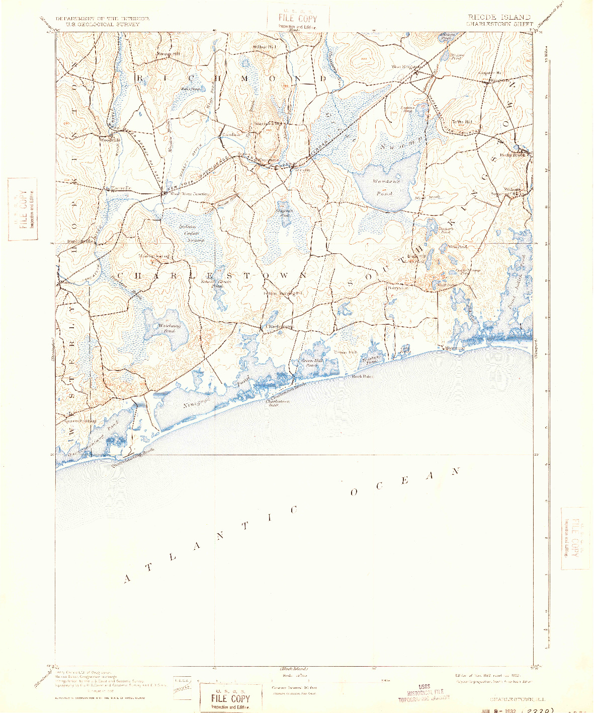 USGS 1:62500-SCALE QUADRANGLE FOR CHARLESTOWN, RI 1889