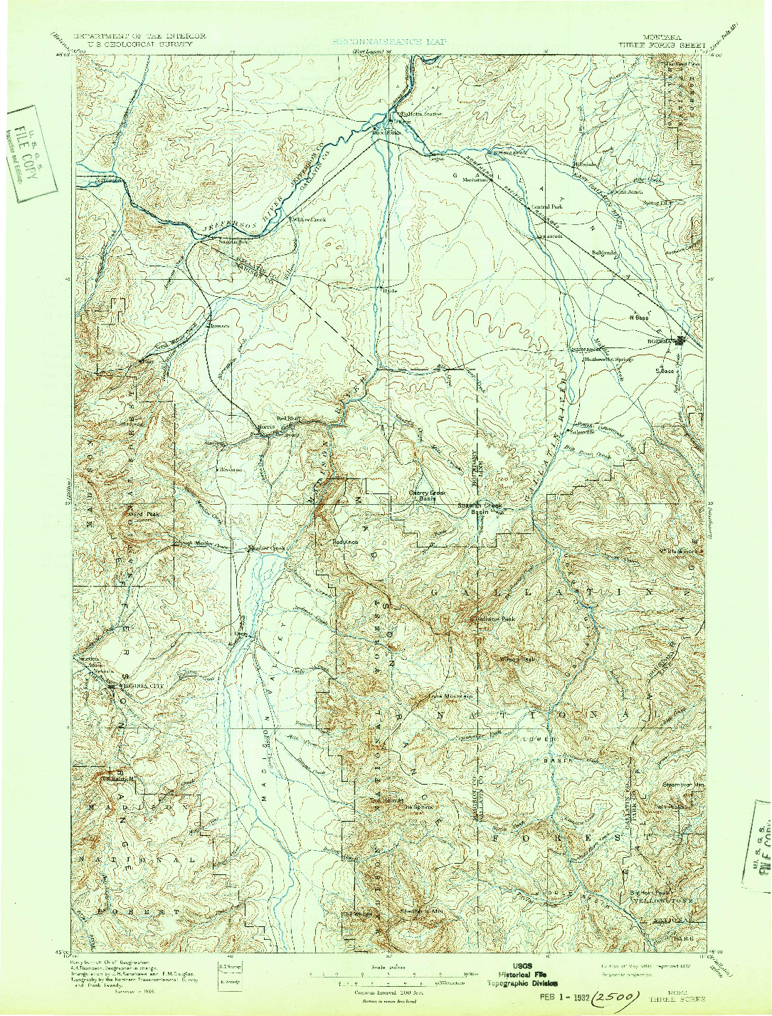 USGS 1:250000-SCALE QUADRANGLE FOR THREE FORKS, MT 1895