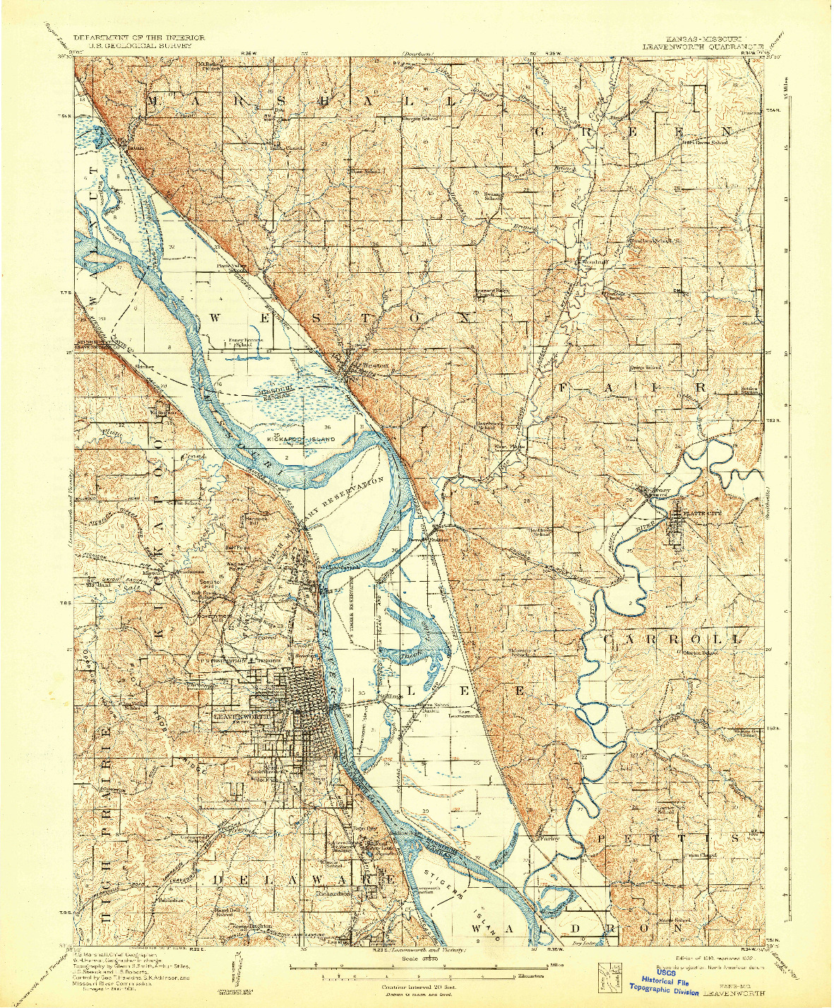 USGS 1:62500-SCALE QUADRANGLE FOR LEAVENWORTH, KS 1910