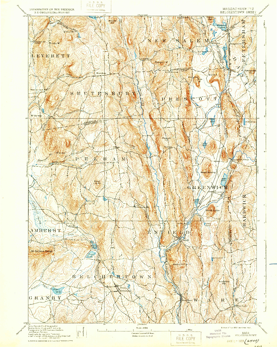 USGS 1:62500-SCALE QUADRANGLE FOR BELCHERTOWN, MA 1893