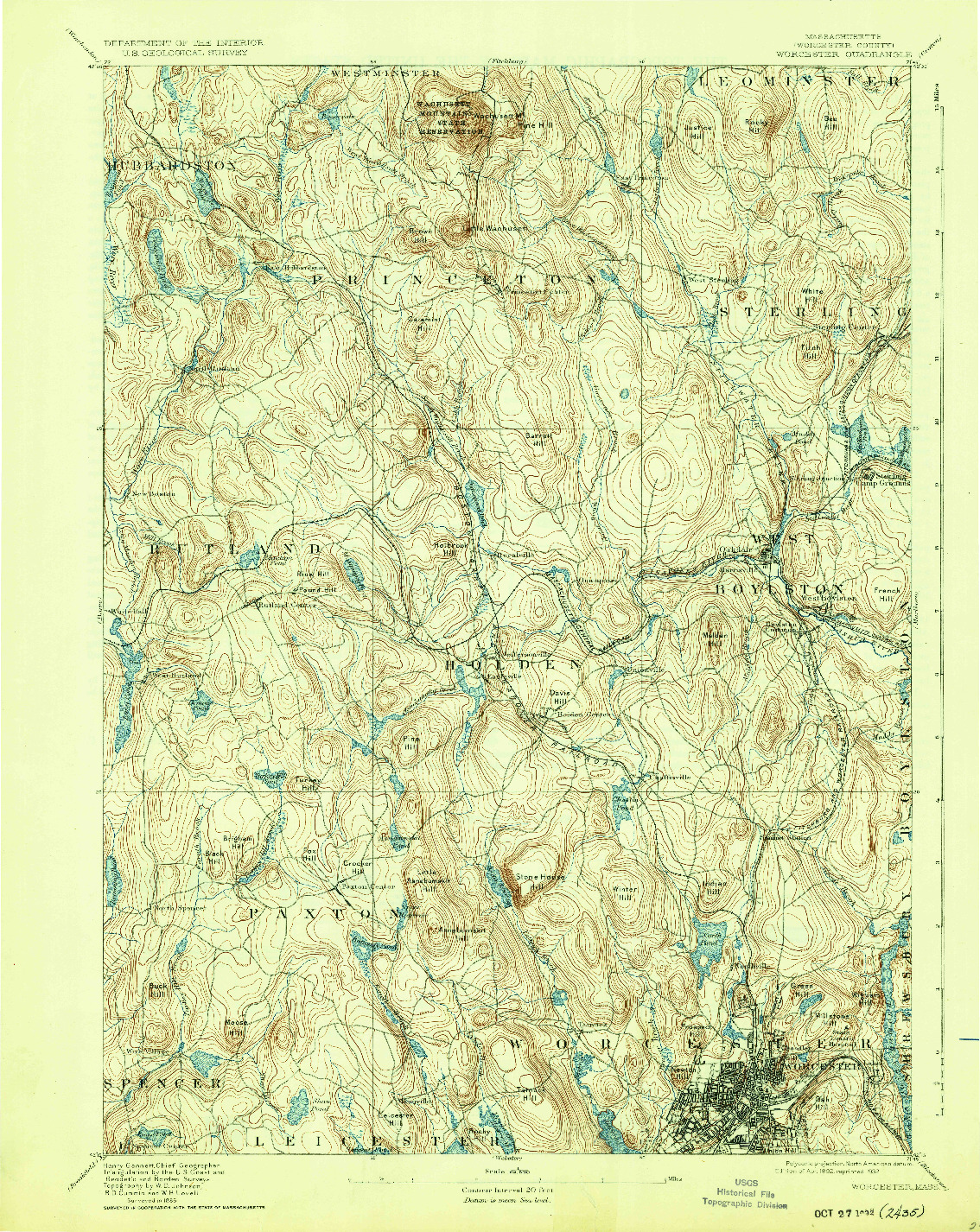 USGS 1:62500-SCALE QUADRANGLE FOR WORCESTER, MA 1892