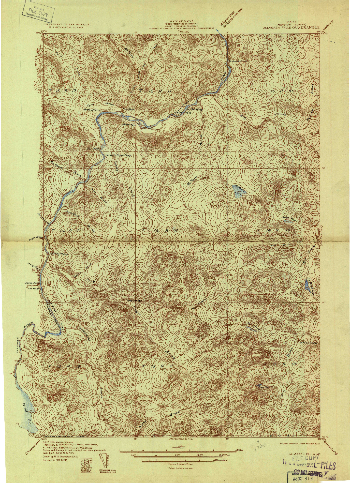 USGS 1:48000-SCALE QUADRANGLE FOR ALLAGASH FALLS, ME 1932