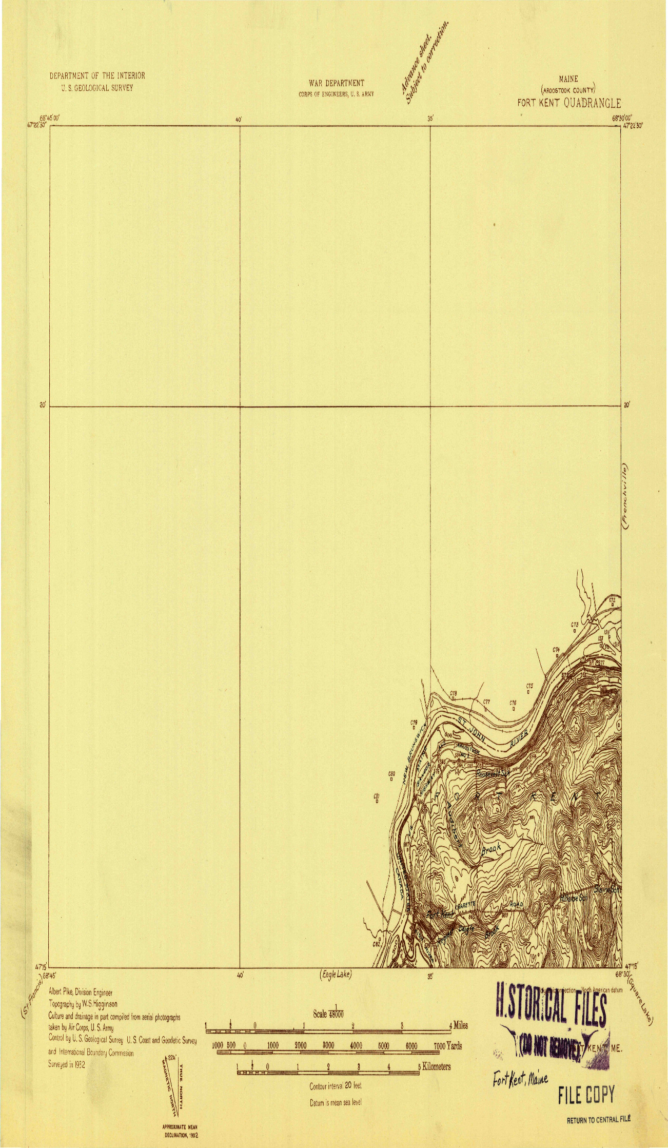 USGS 1:48000-SCALE QUADRANGLE FOR FORT KENT, ME 1932