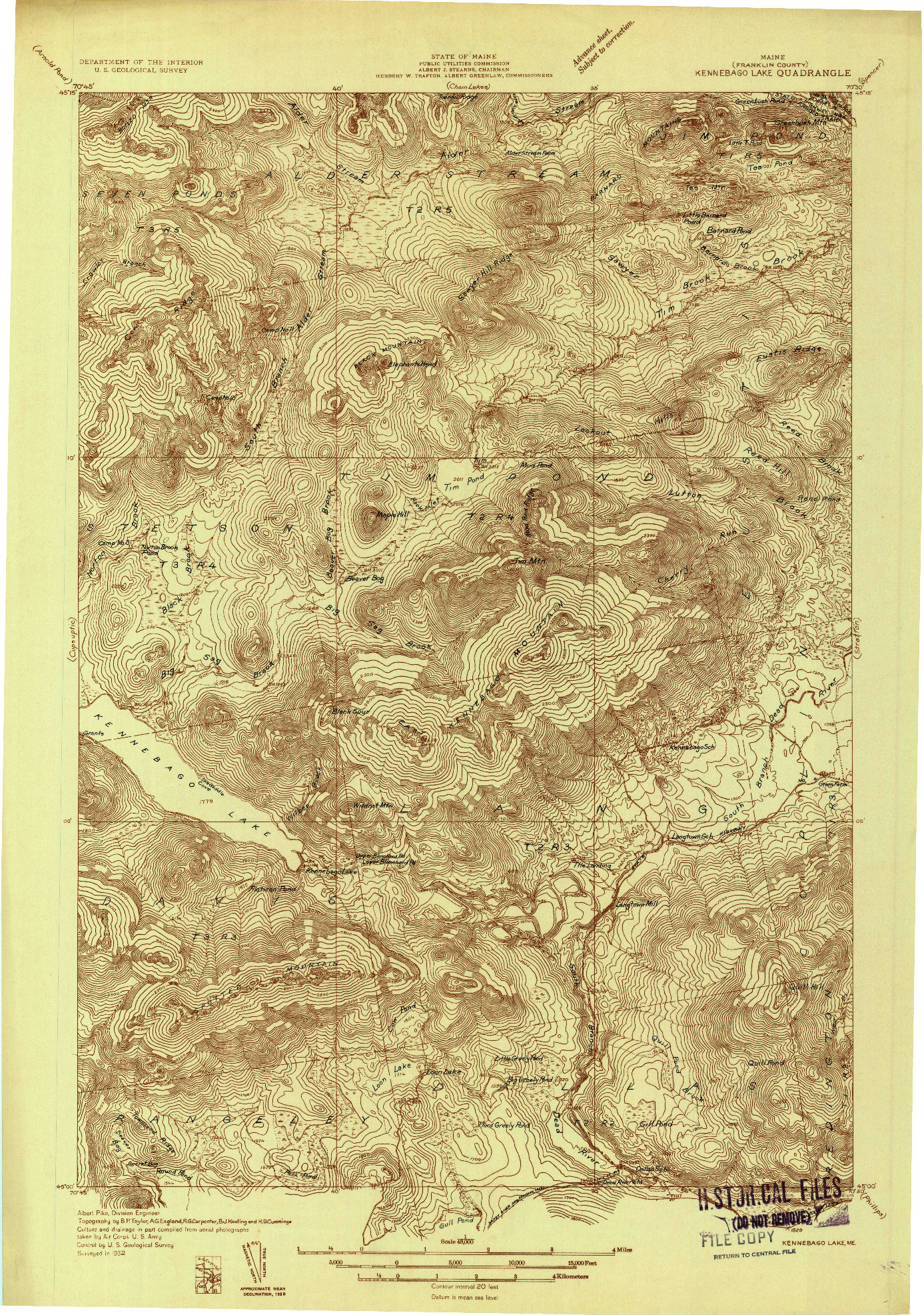USGS 1:48000-SCALE QUADRANGLE FOR KENNEBAGO LAKE, ME 1932