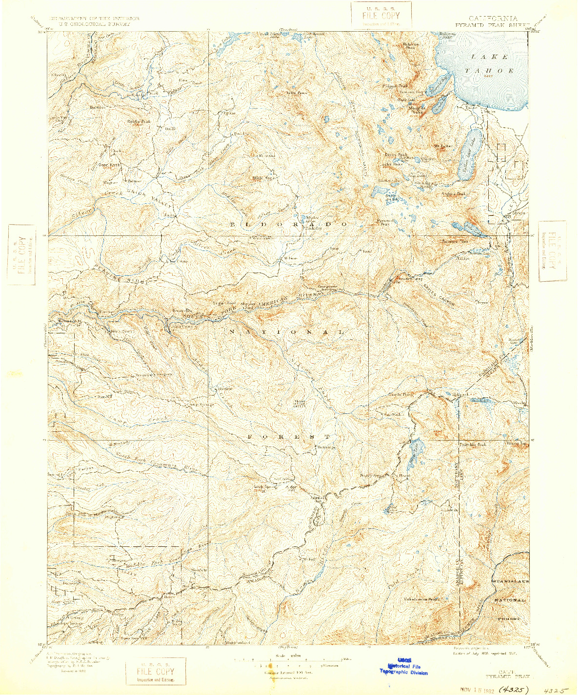 USGS 1:125000-SCALE QUADRANGLE FOR PYRAMID PEAK, CA 1896