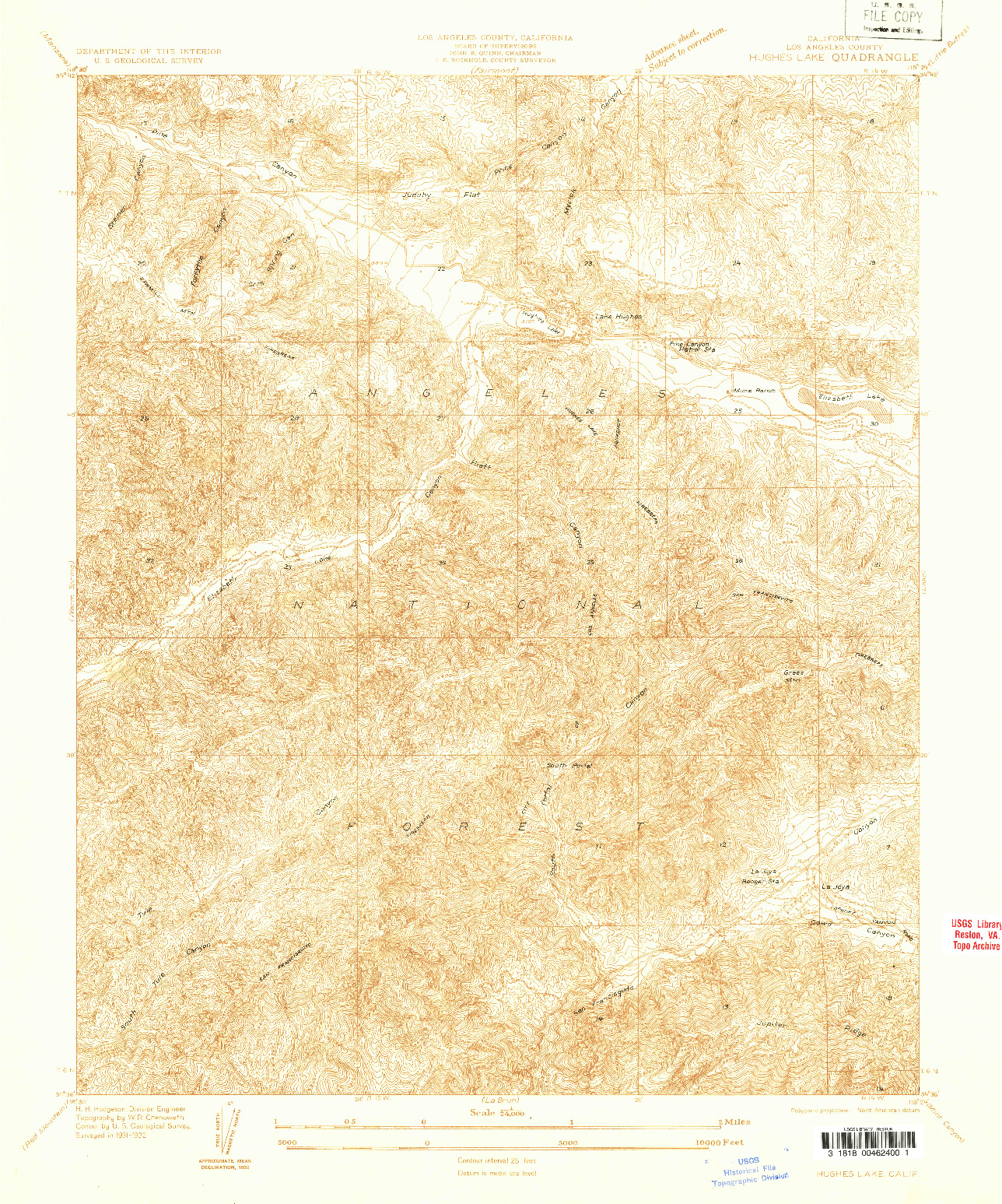 USGS 1:24000-SCALE QUADRANGLE FOR HUGHES LAKE, CA 1932